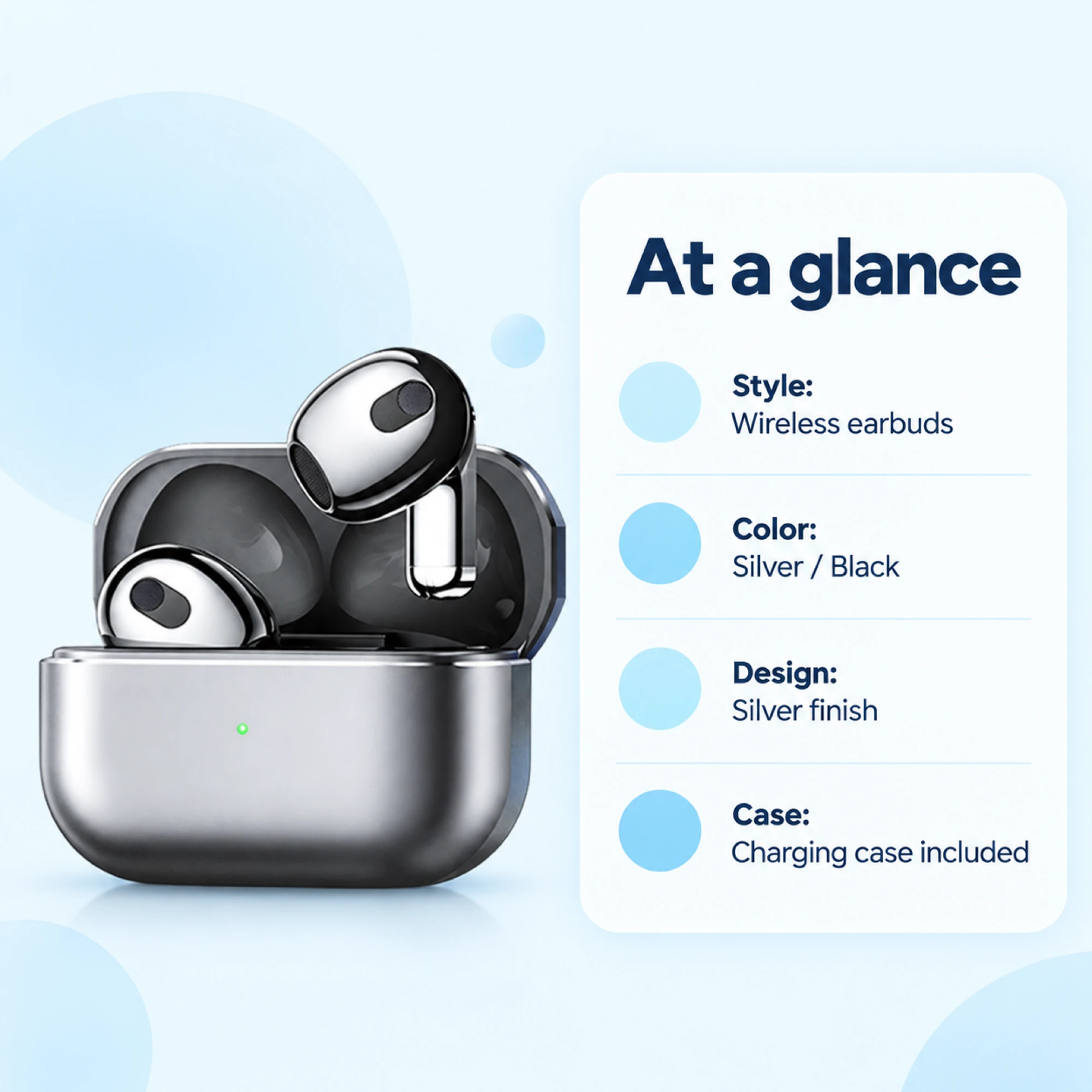 Silver Short-Stem Wireless Earbuds — at a glance