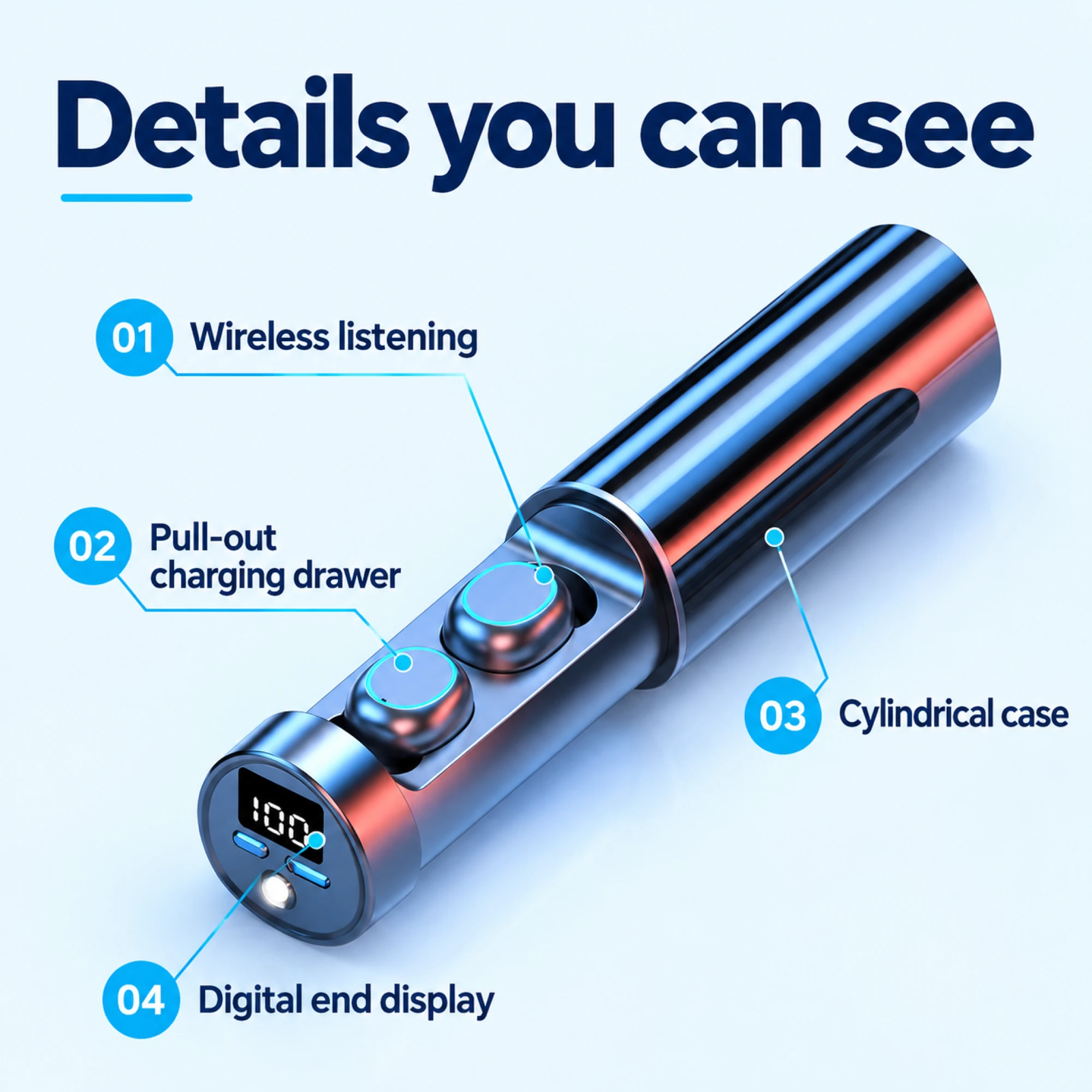 Blue Cylinder-Case Wireless Earbuds — features