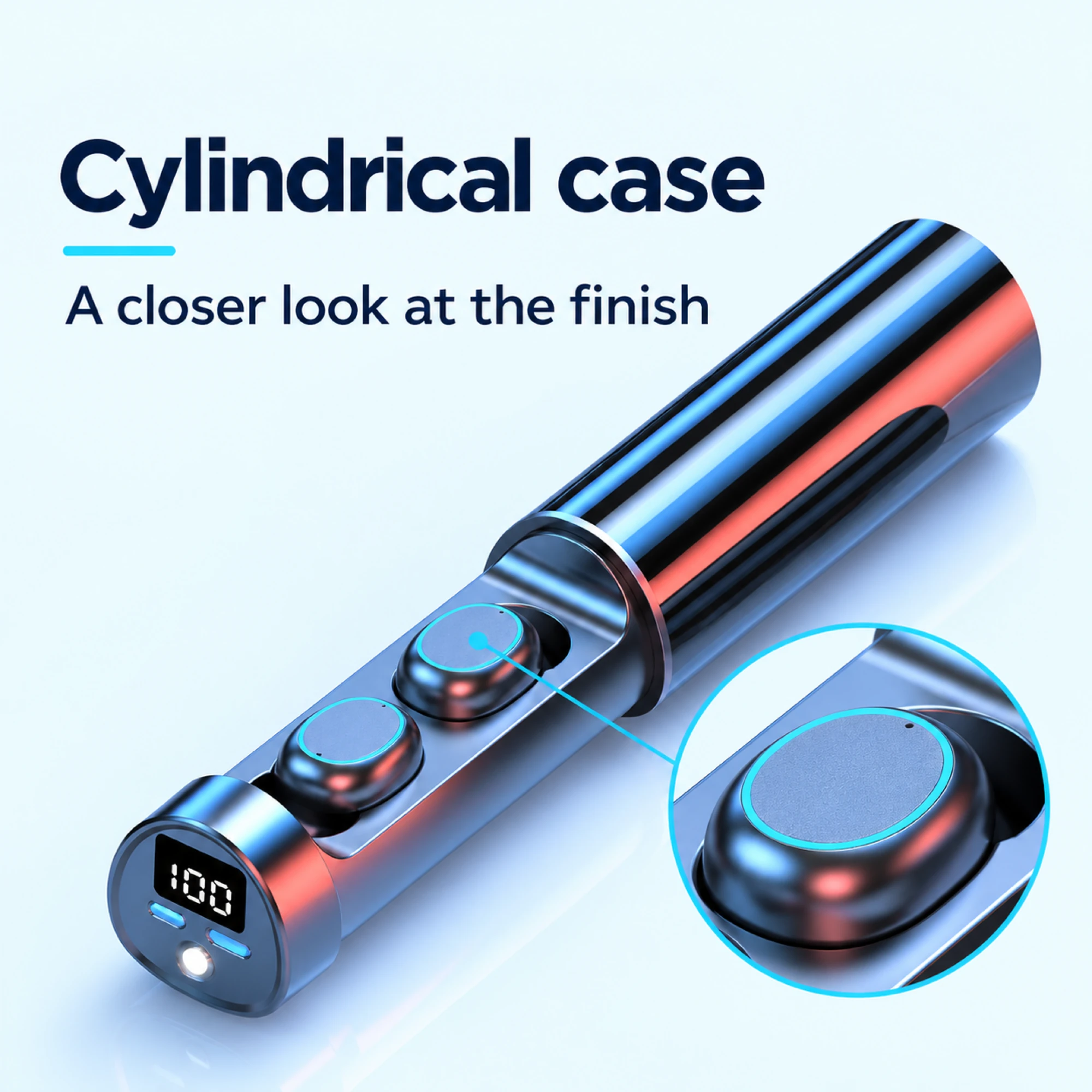 Blue Cylinder-Case Wireless Earbuds — surface detail