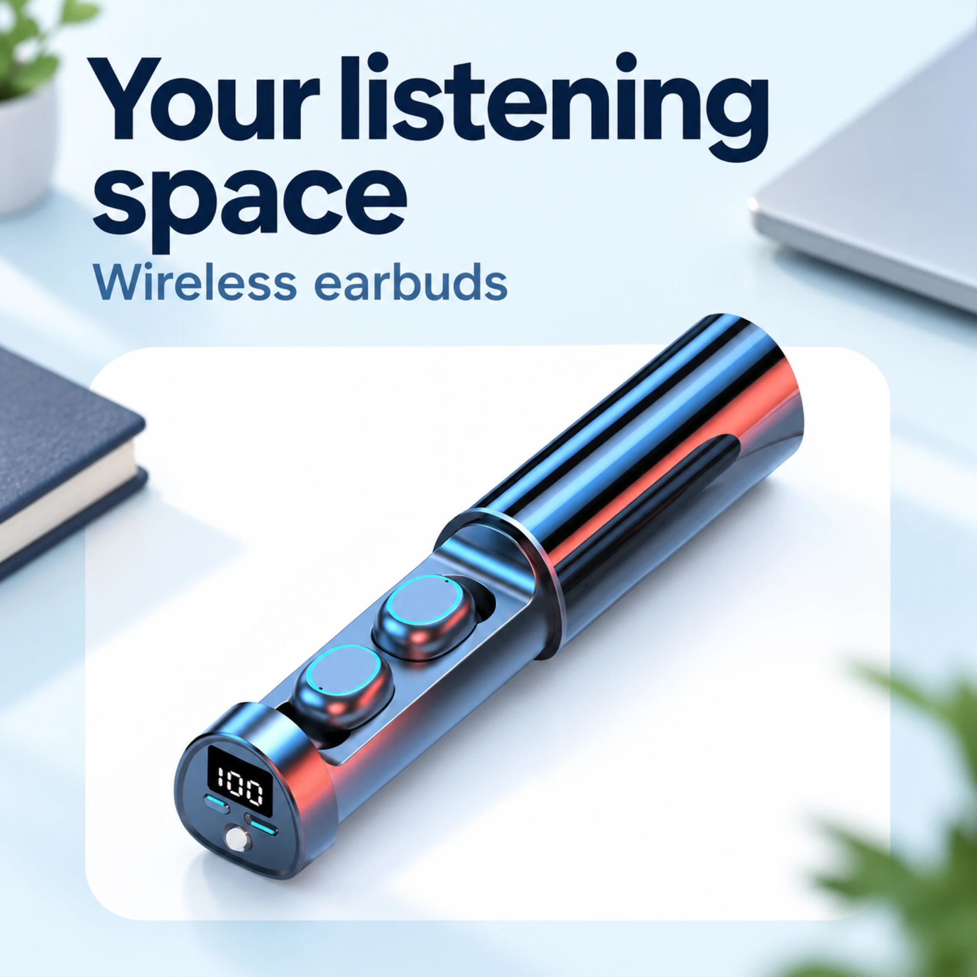 Blue Cylinder-Case Wireless Earbuds — lifestyle