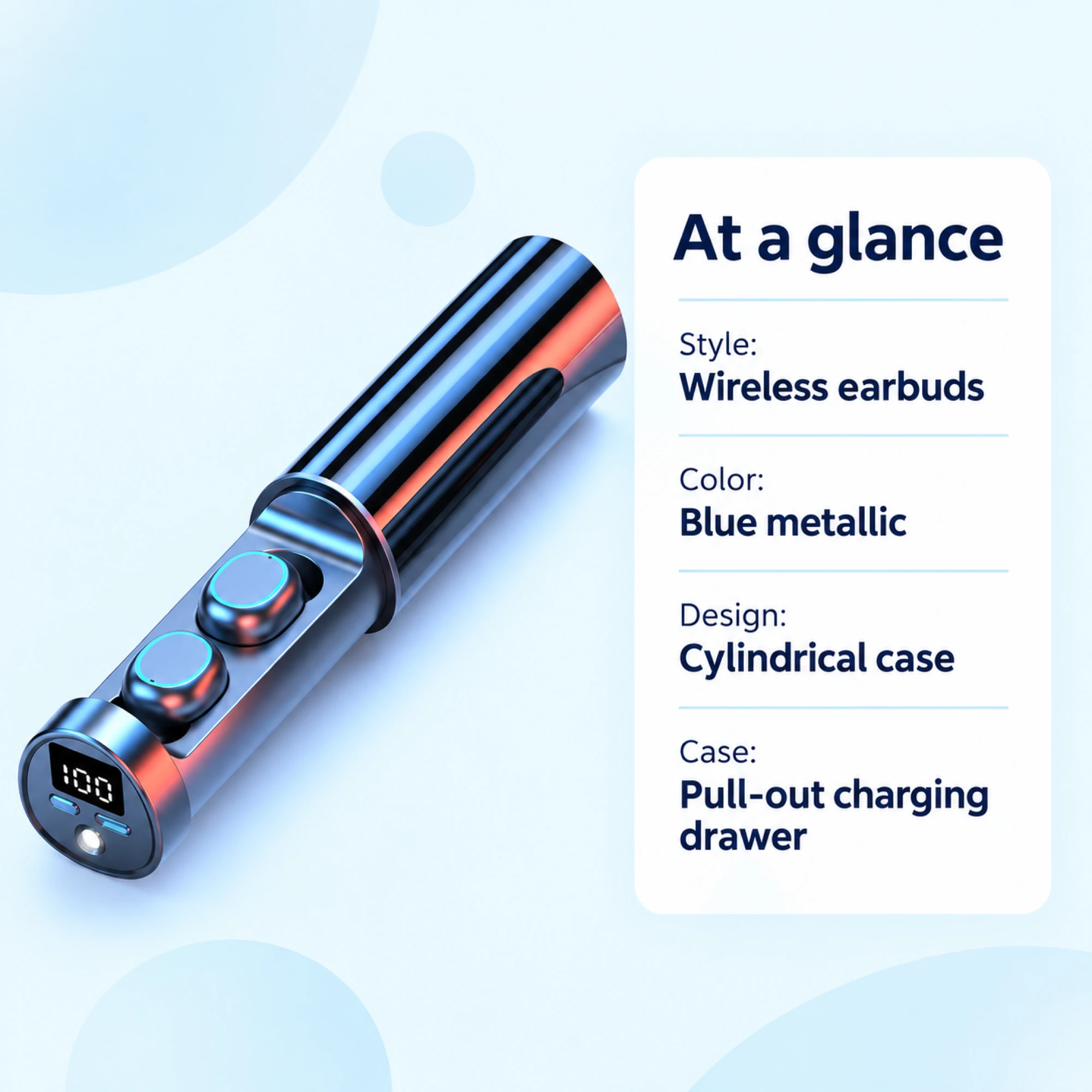 Blue Cylinder-Case Wireless Earbuds — at a glance