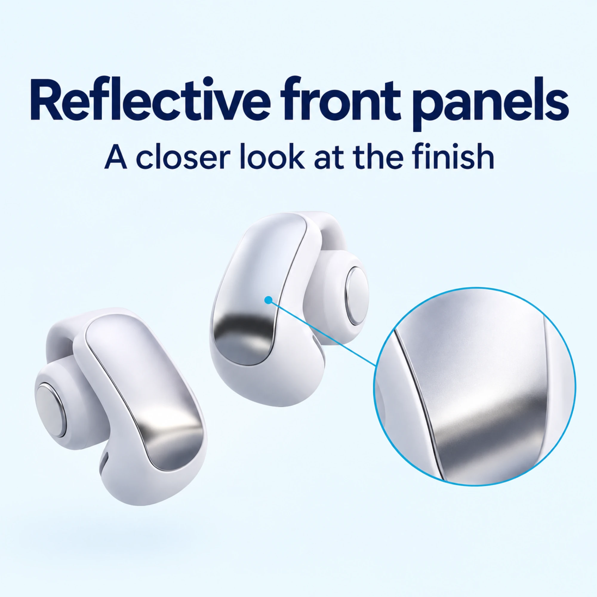White Silver-Panel Clip-On Earbuds — surface detail