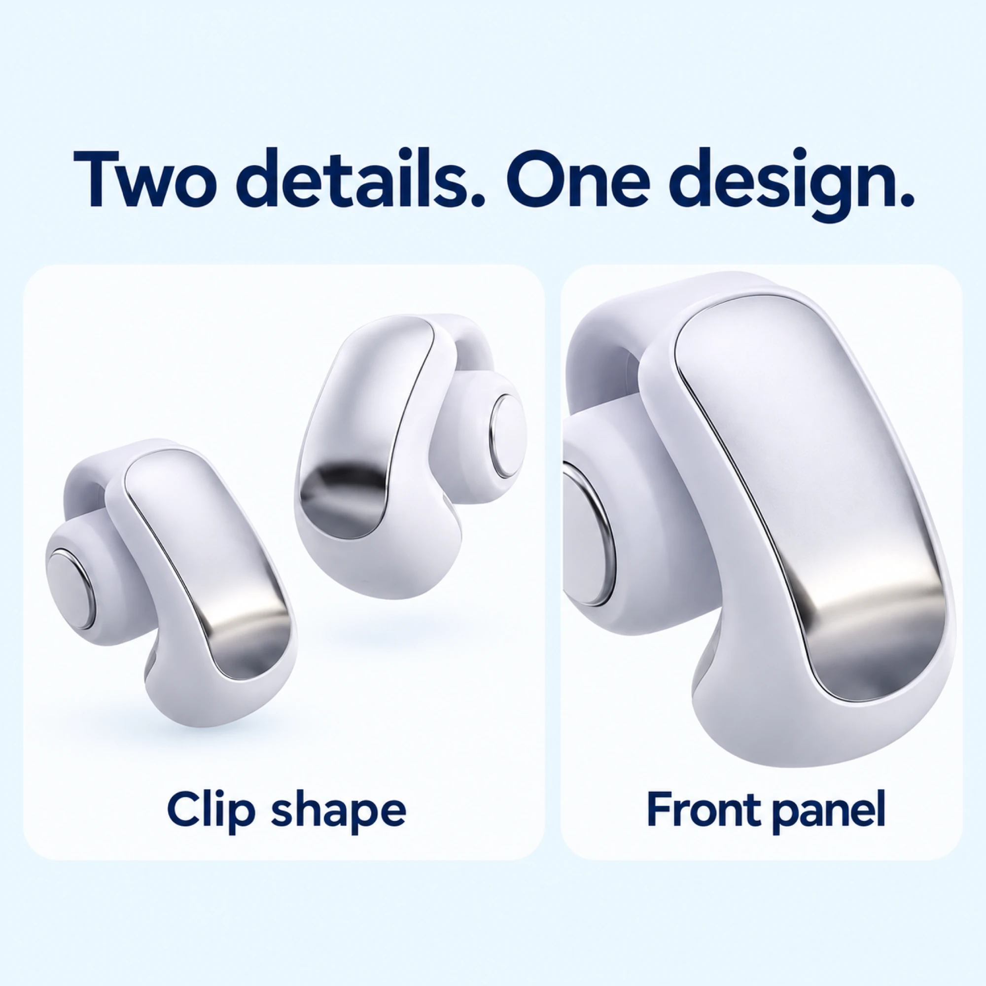White Silver-Panel Clip-On Earbuds — design details