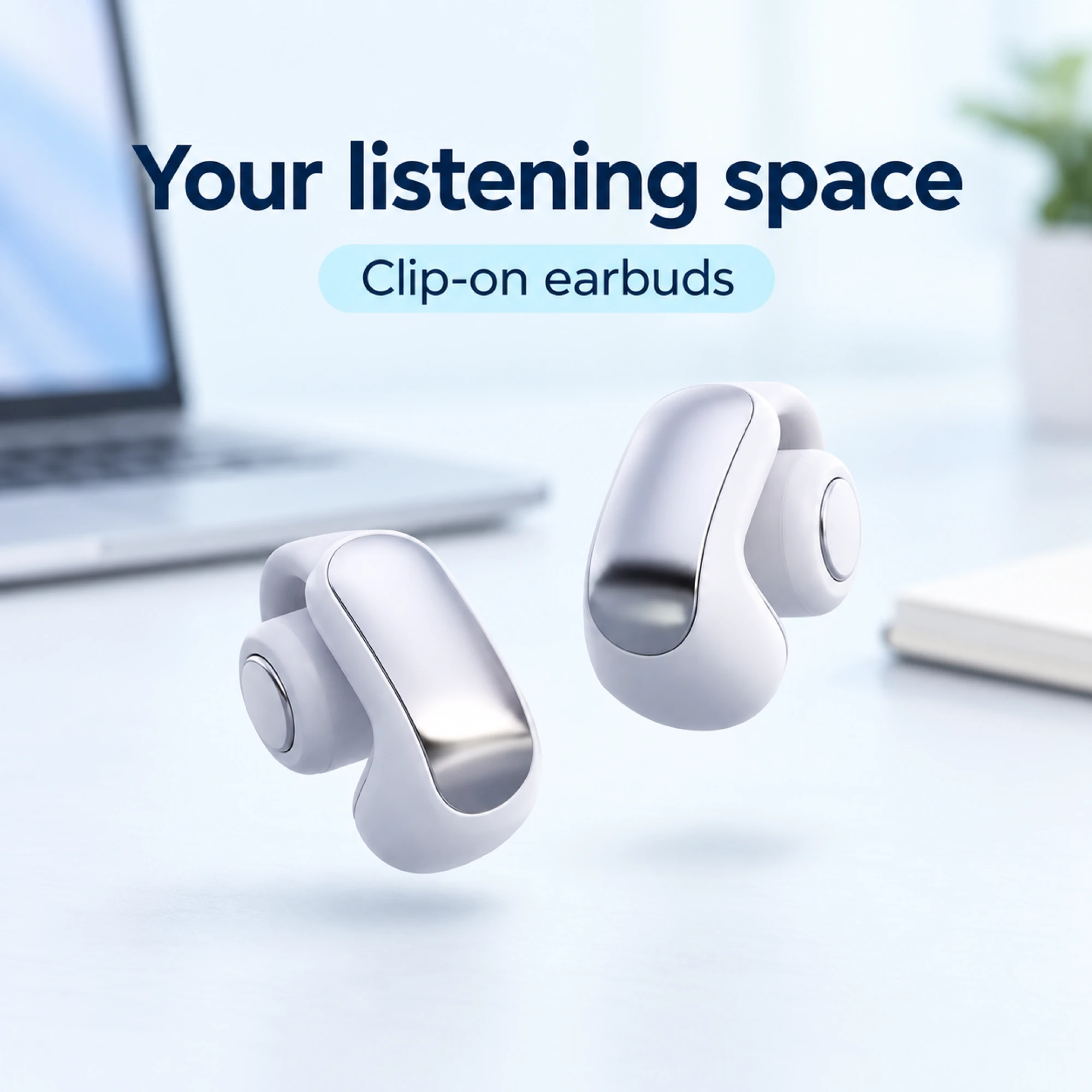White Silver-Panel Clip-On Earbuds — lifestyle
