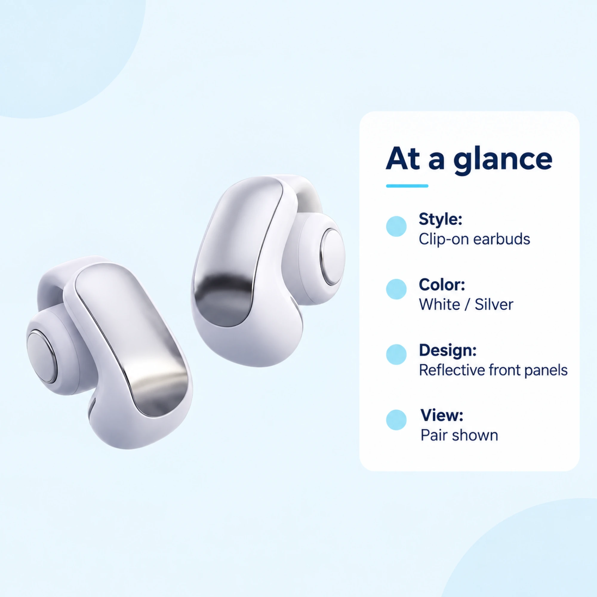 White Silver-Panel Clip-On Earbuds — at a glance