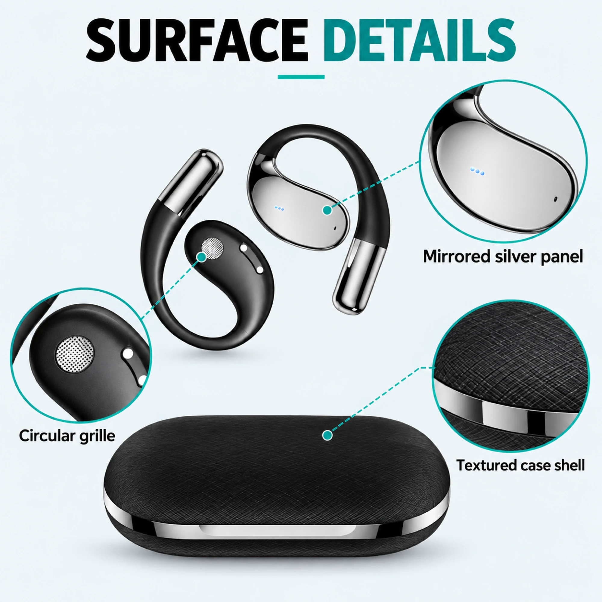 Mirror Silver Open-Ear Earbuds — surface detail