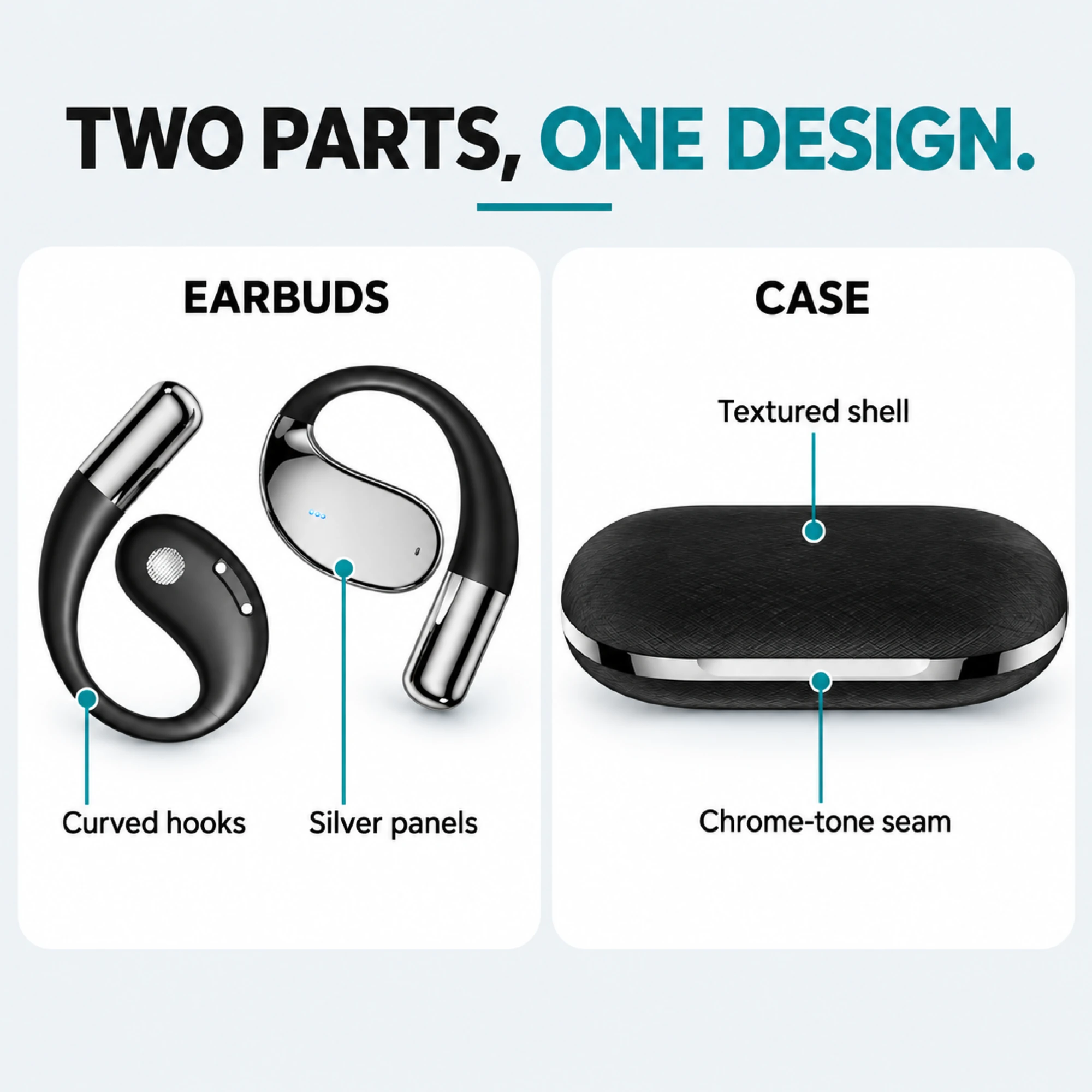 Mirror Silver Open-Ear Earbuds — design details