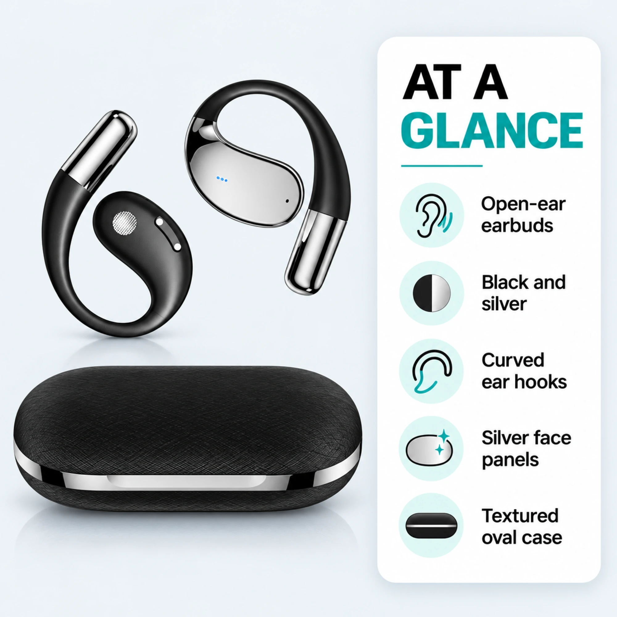 Mirror Silver Open-Ear Earbuds — at a glance