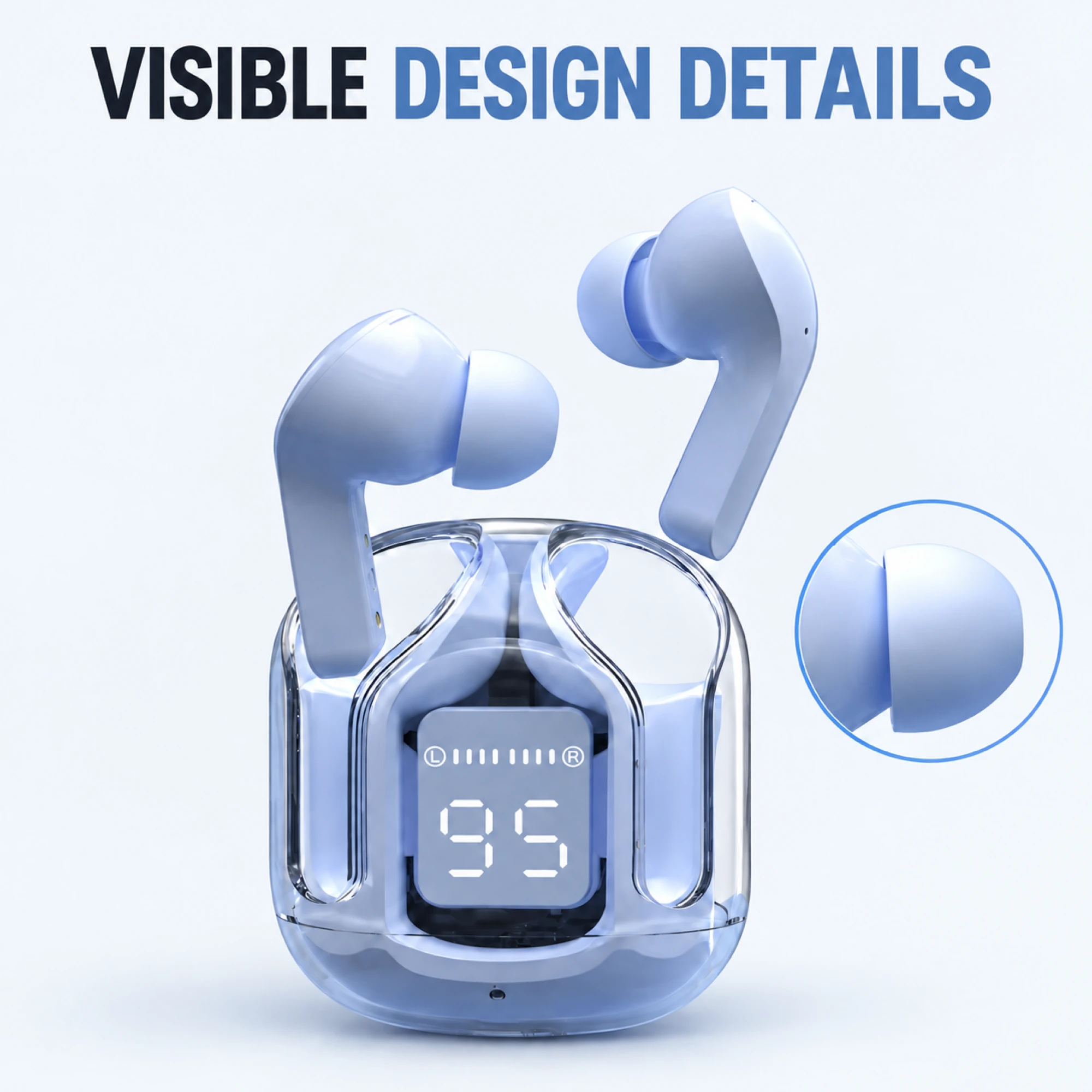 Clear Blue Display-Case Translation Earbuds — surface detail