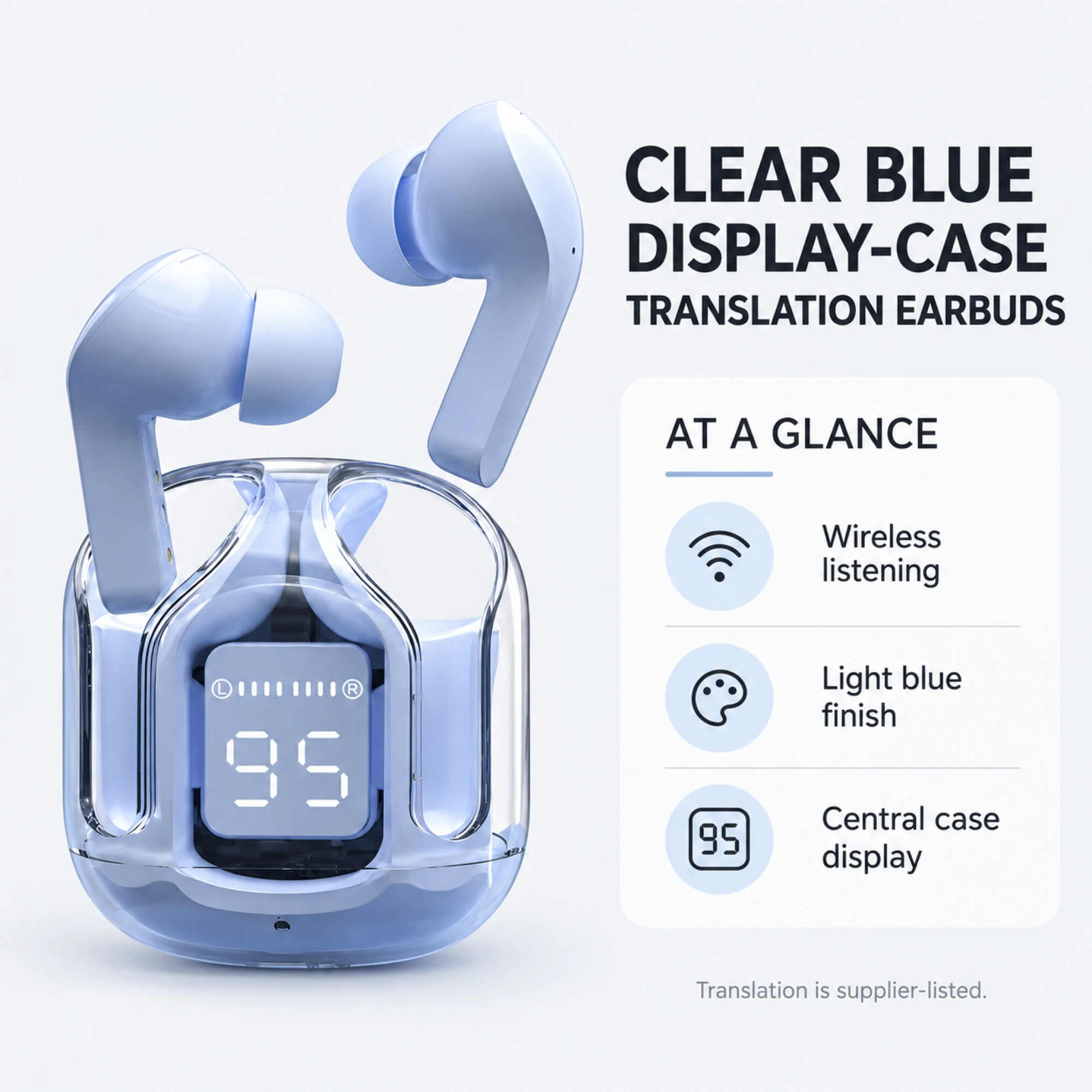 Clear Blue Display-Case Translation Earbuds — at a glance