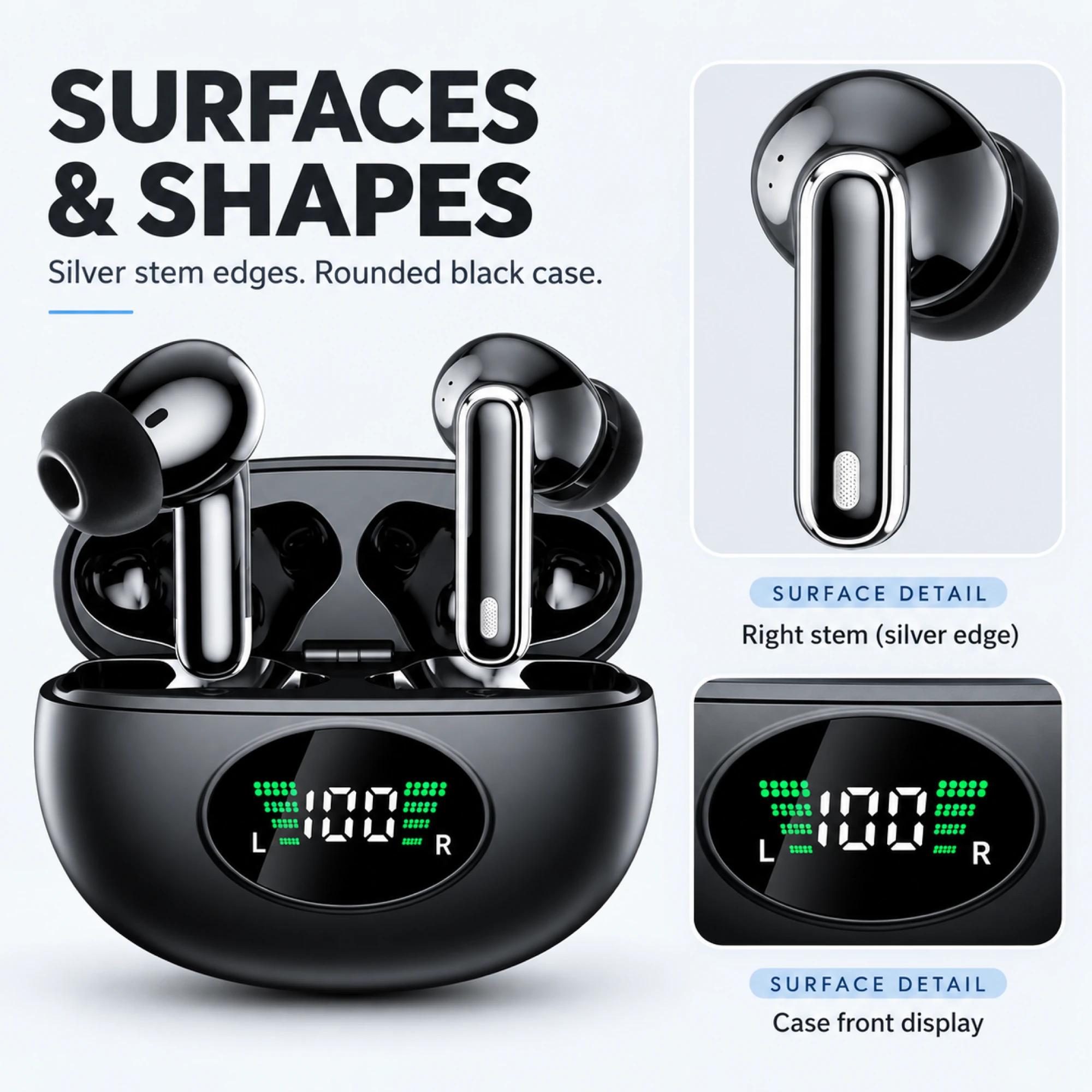 Black and Silver ANC Earbuds with Oval Display Case — surface detail