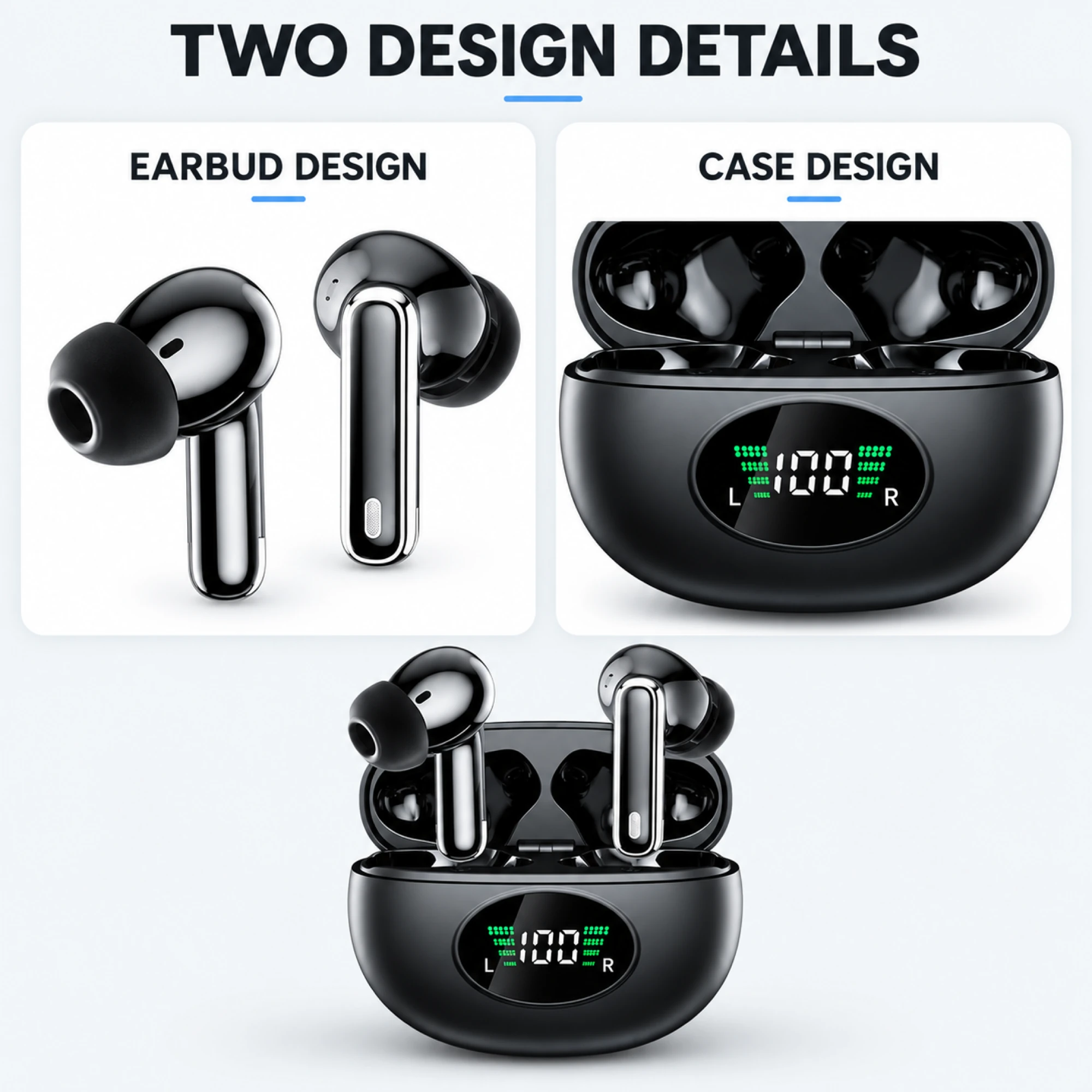 Black and Silver ANC Earbuds with Oval Display Case — design details