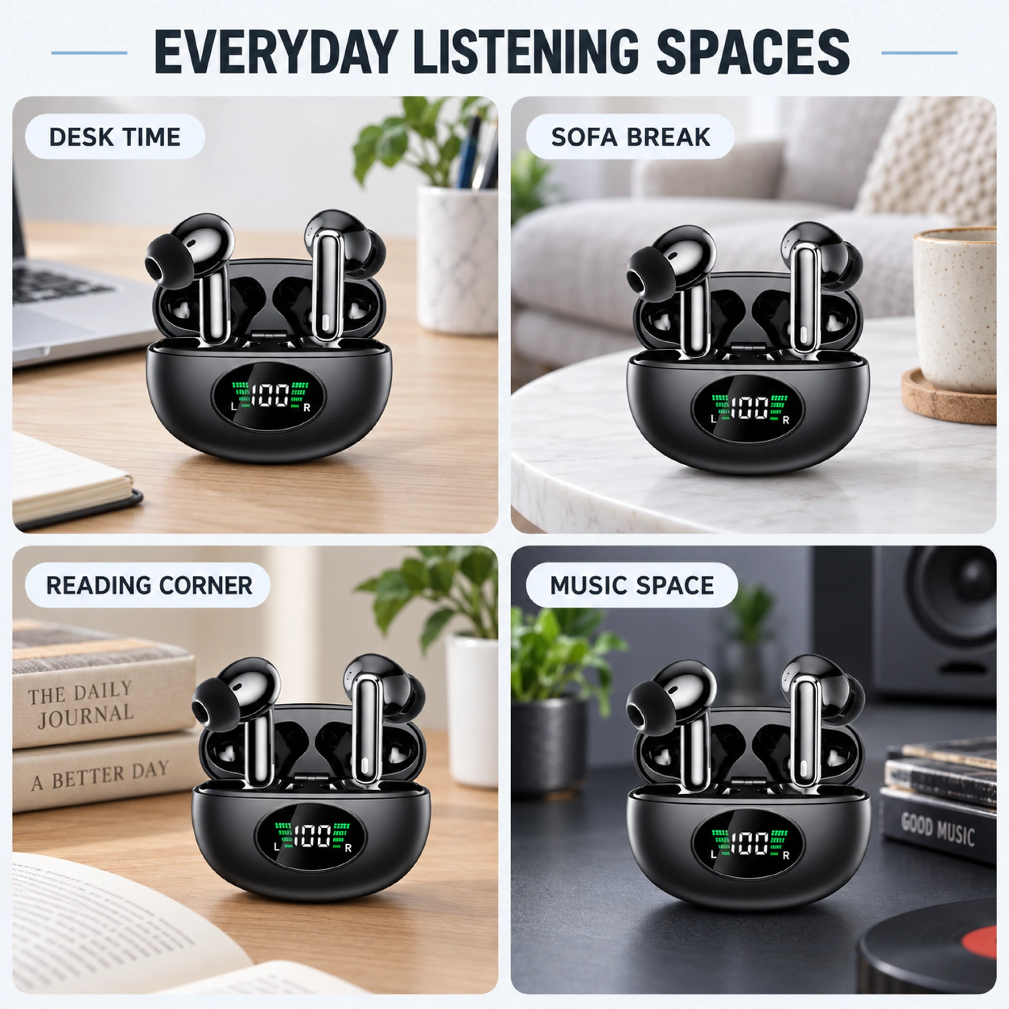 Black and Silver ANC Earbuds with Oval Display Case — lifestyle