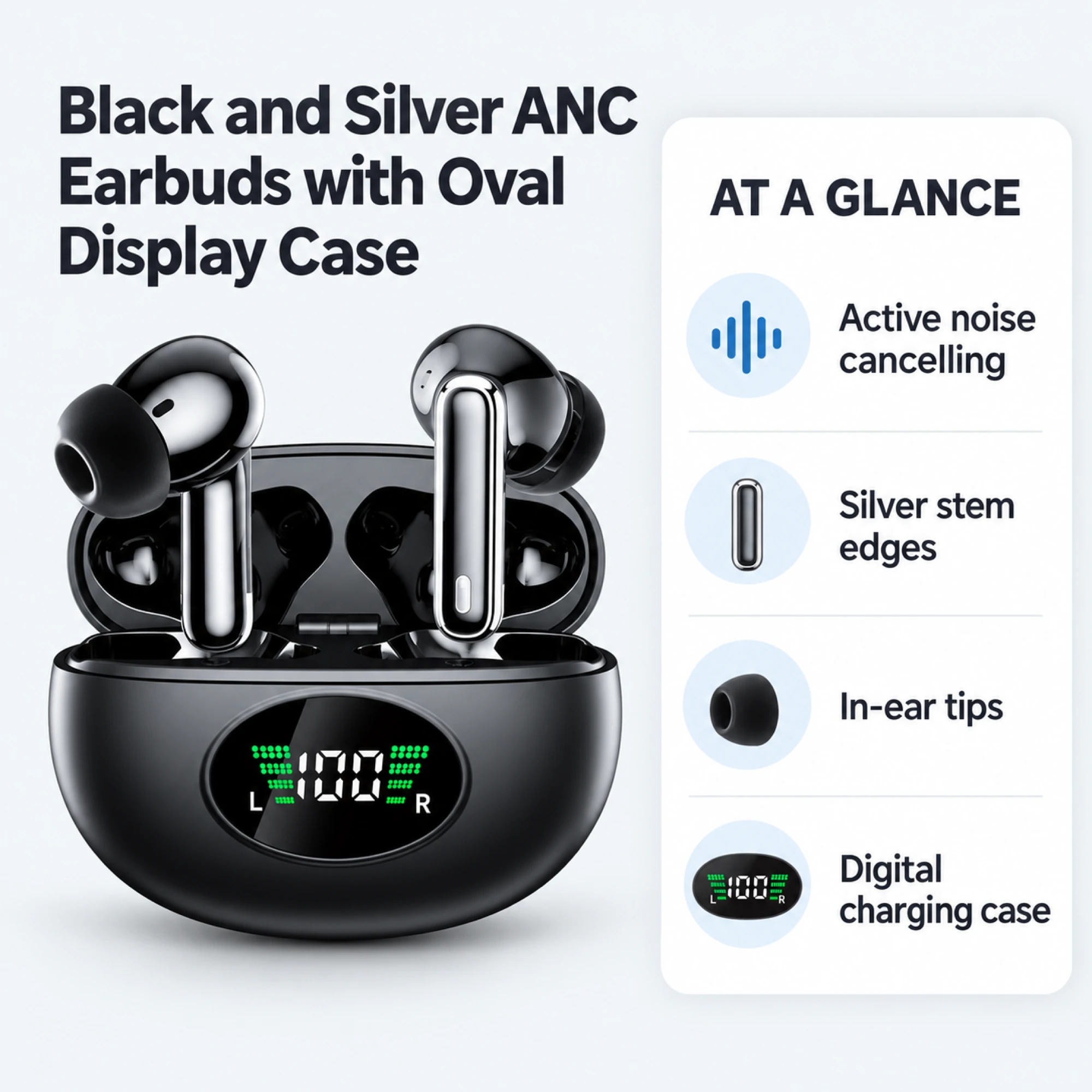 Black and Silver ANC Earbuds with Oval Display Case — at a glance