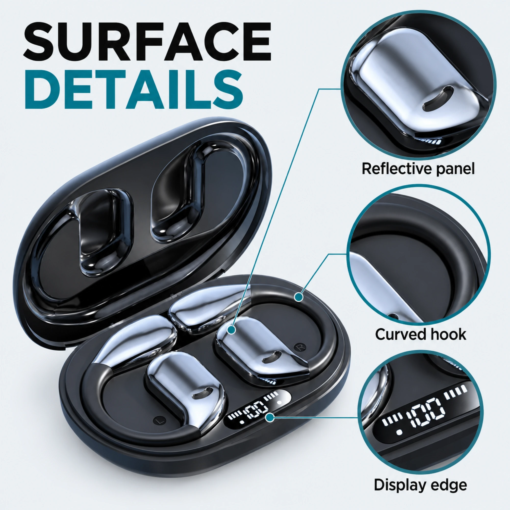 M75 Mirror Panel Translation Earbuds — surface detail