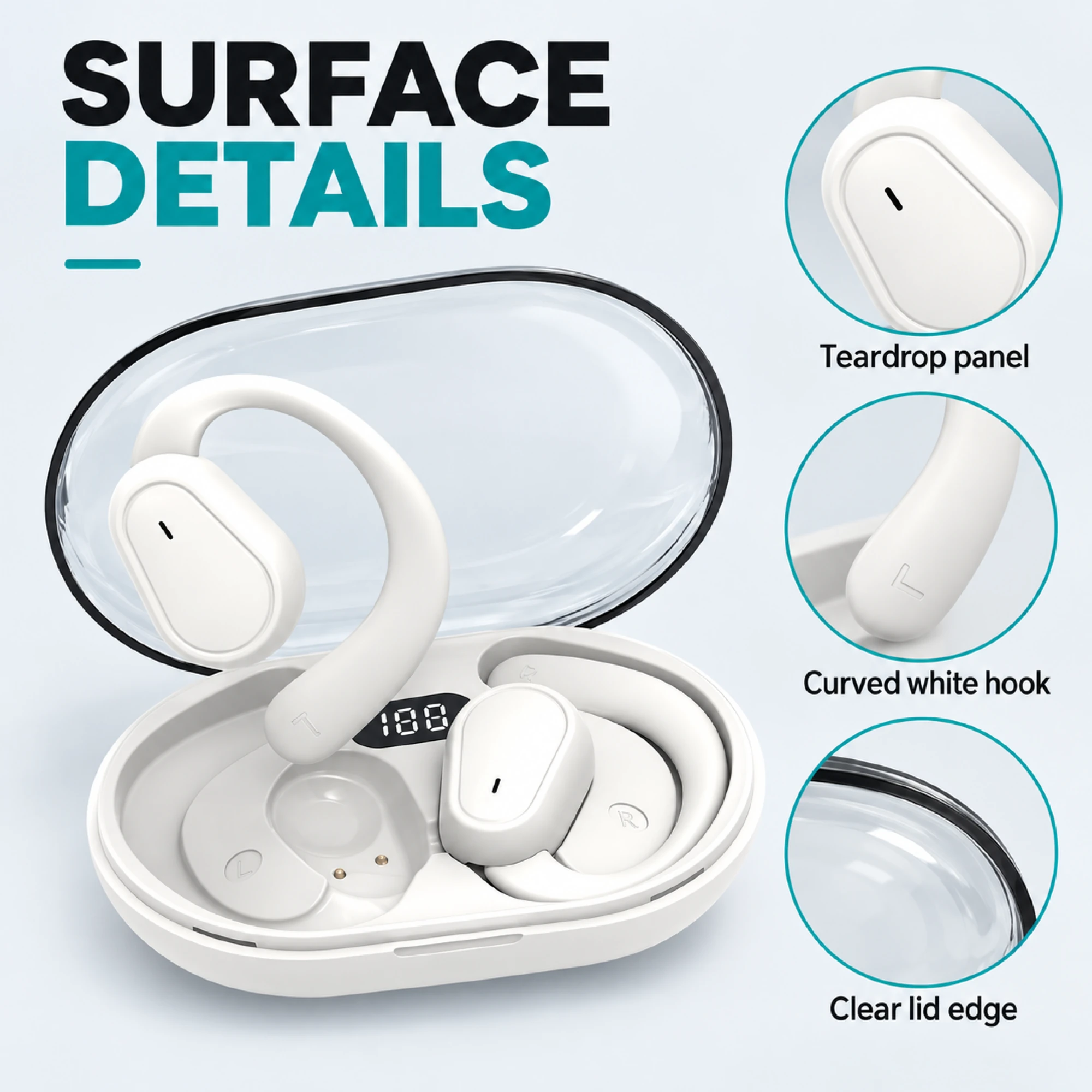 D88 White Clear-Case Open-Ear Earbuds — surface detail