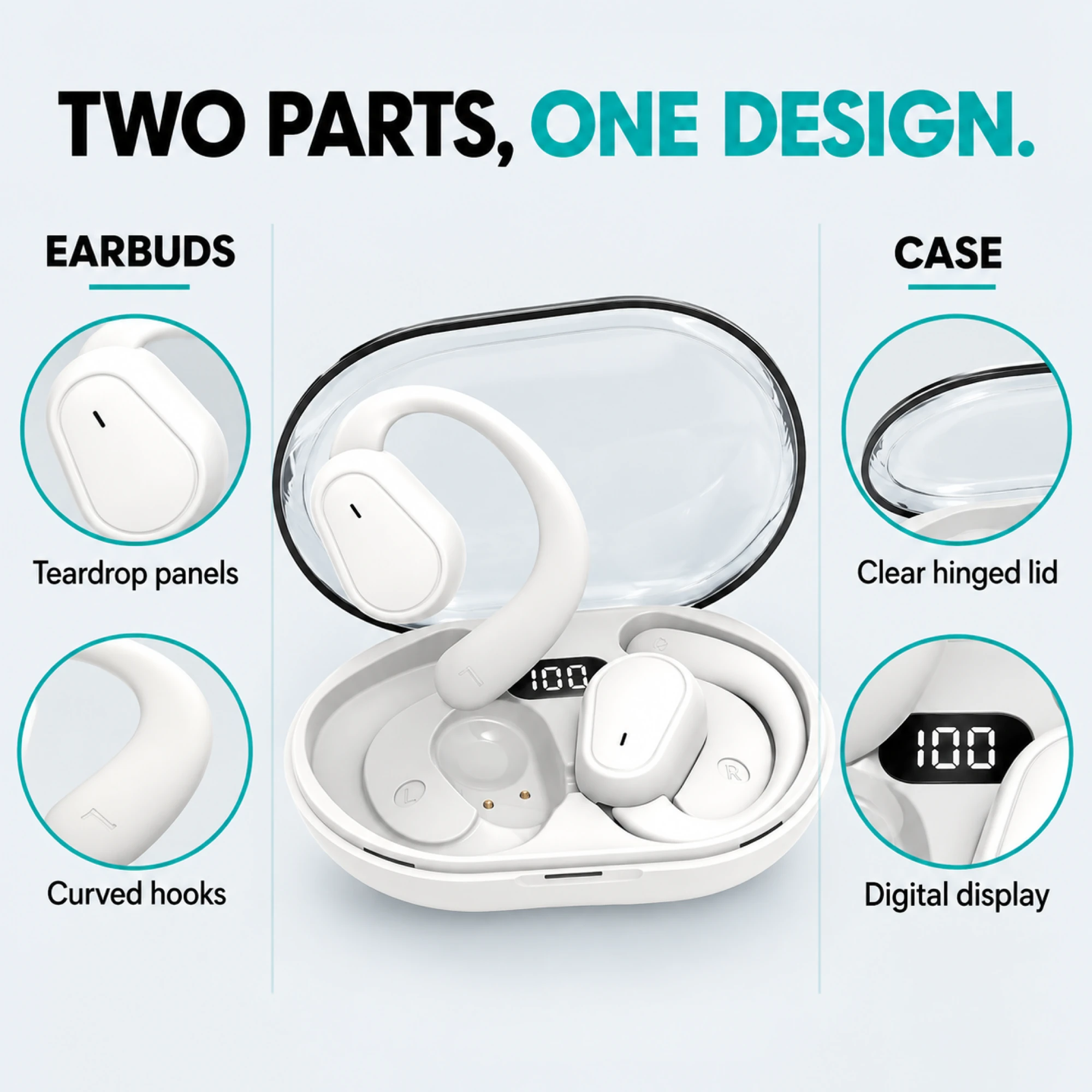 D88 White Clear-Case Open-Ear Earbuds — design details