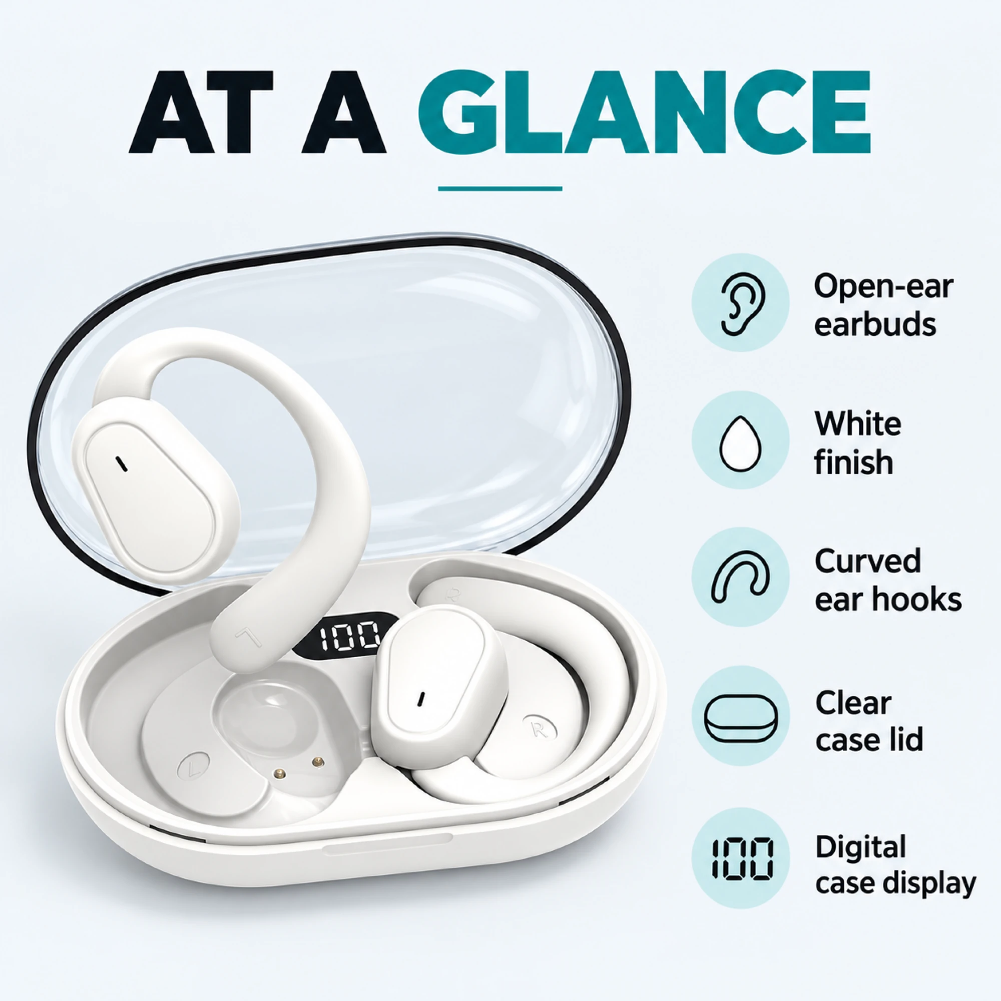 D88 White Clear-Case Open-Ear Earbuds — at a glance