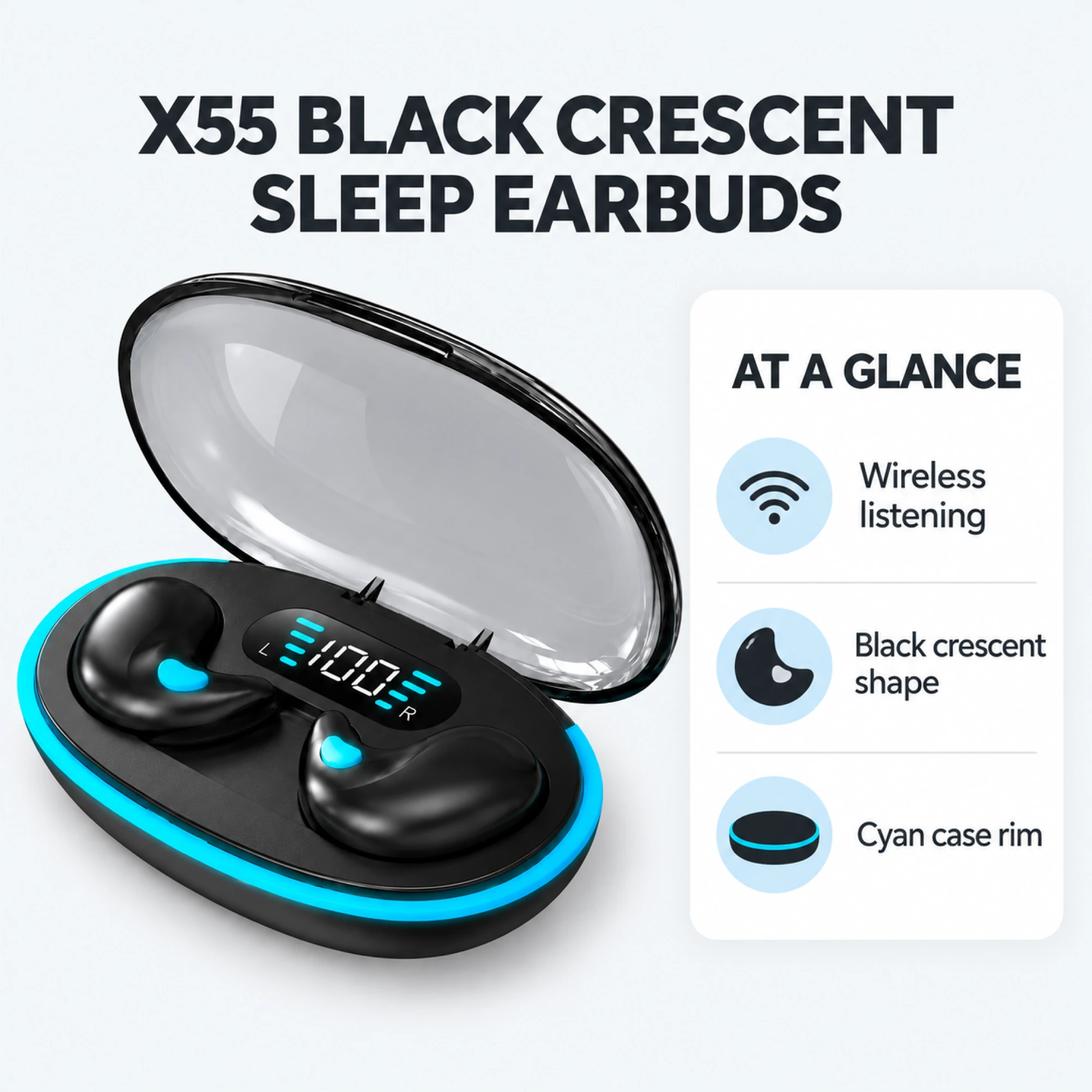 X55 Black Crescent Sleep Earbuds — at a glance