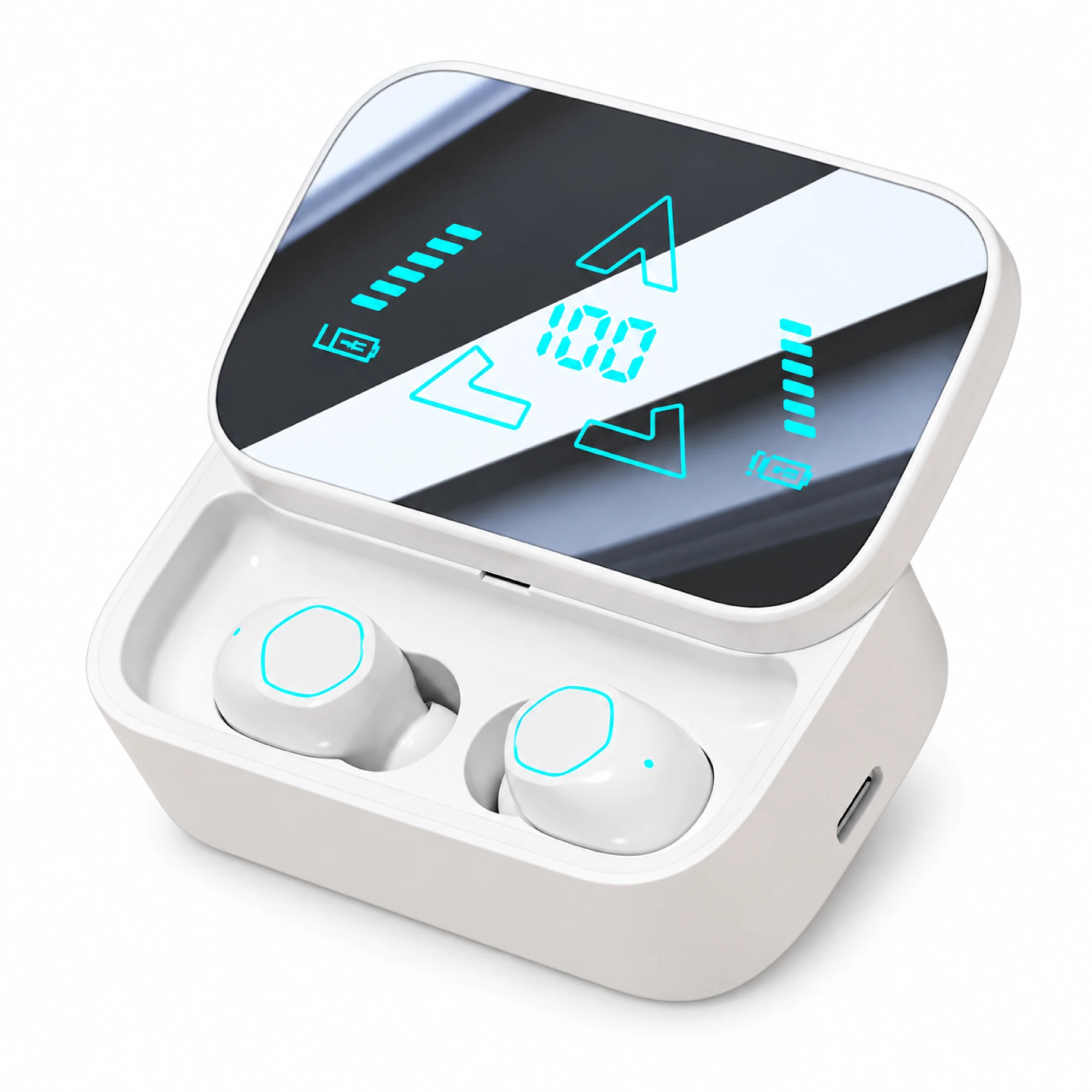 WHITE CYAN-RIM STEMLESS WIRELESS EARBUDS photo