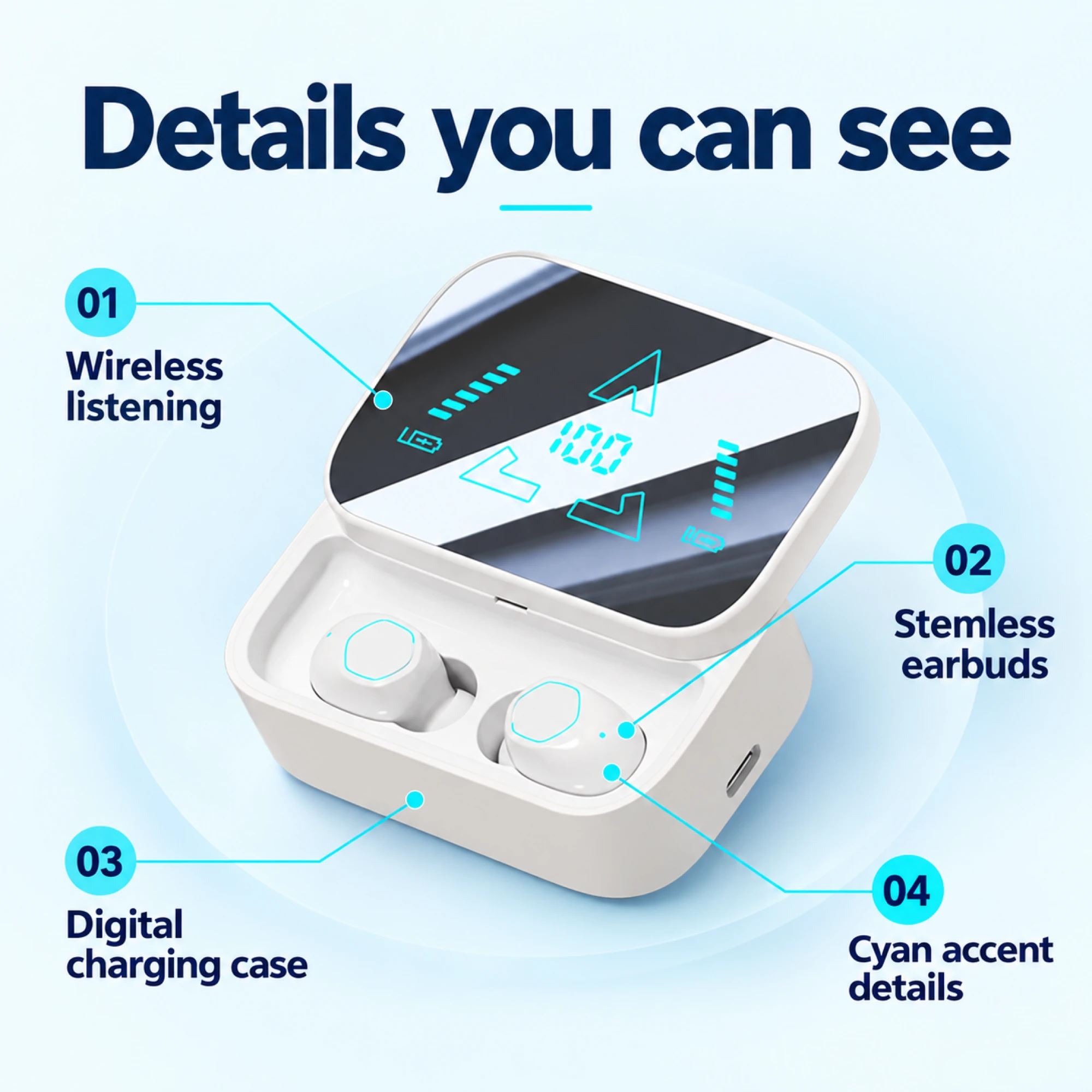 White Cyan-Rim Stemless Wireless Earbuds — features