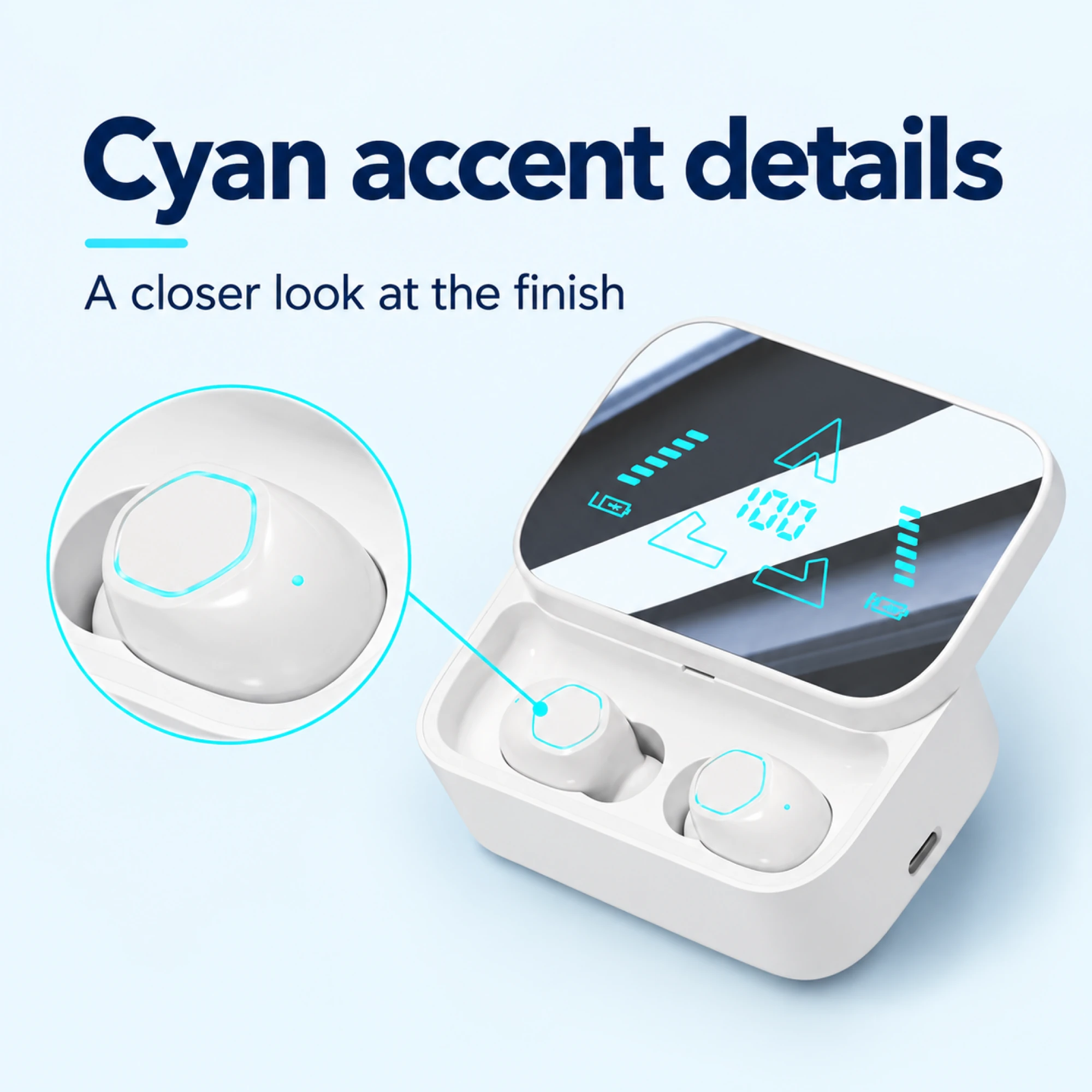 White Cyan-Rim Stemless Wireless Earbuds — surface detail