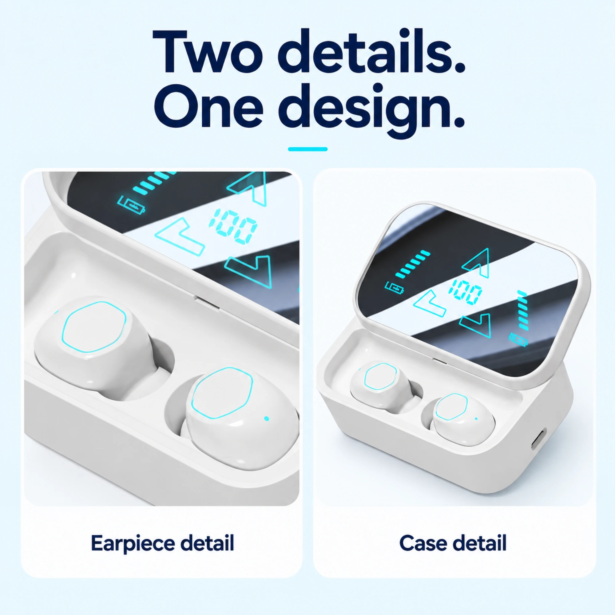 White Cyan-Rim Stemless Wireless Earbuds — design details
