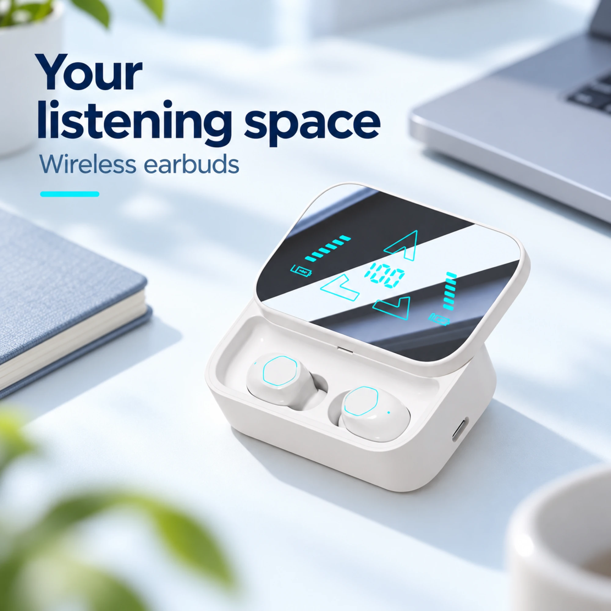 White Cyan-Rim Stemless Wireless Earbuds — lifestyle