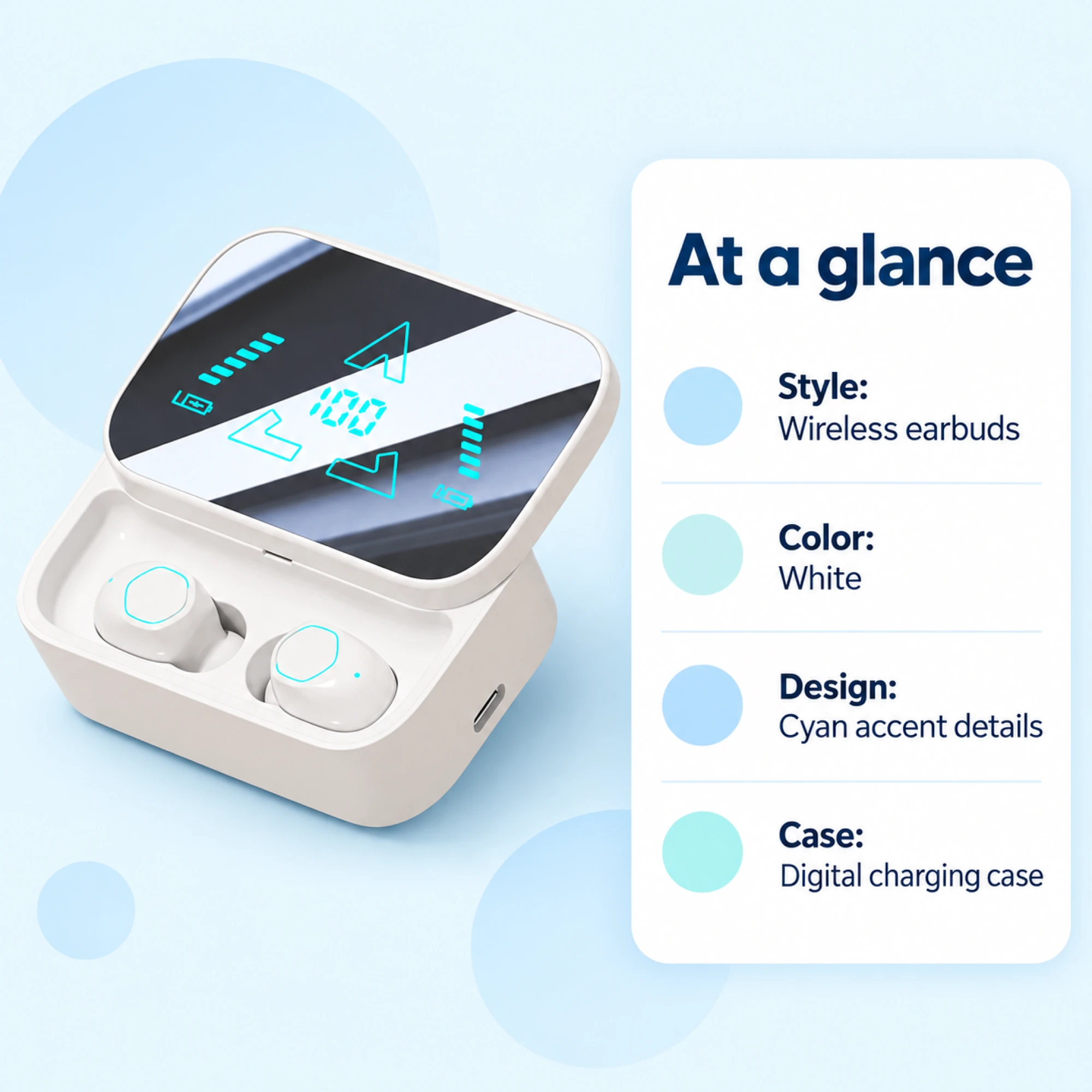 White Cyan-Rim Stemless Wireless Earbuds — at a glance