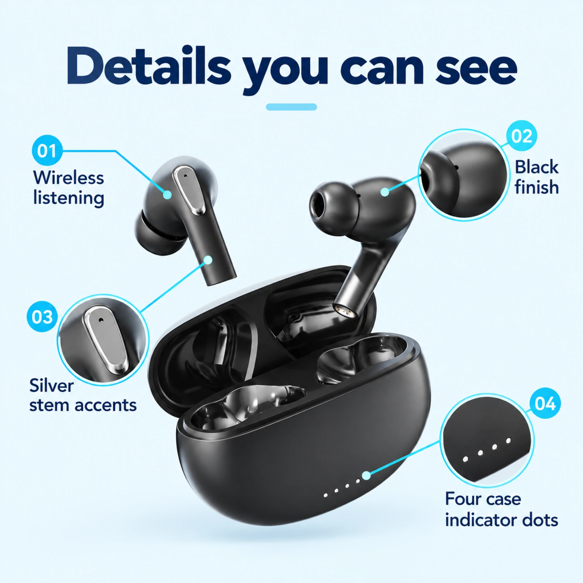 Black Silver-Accent Wireless Earbuds — features