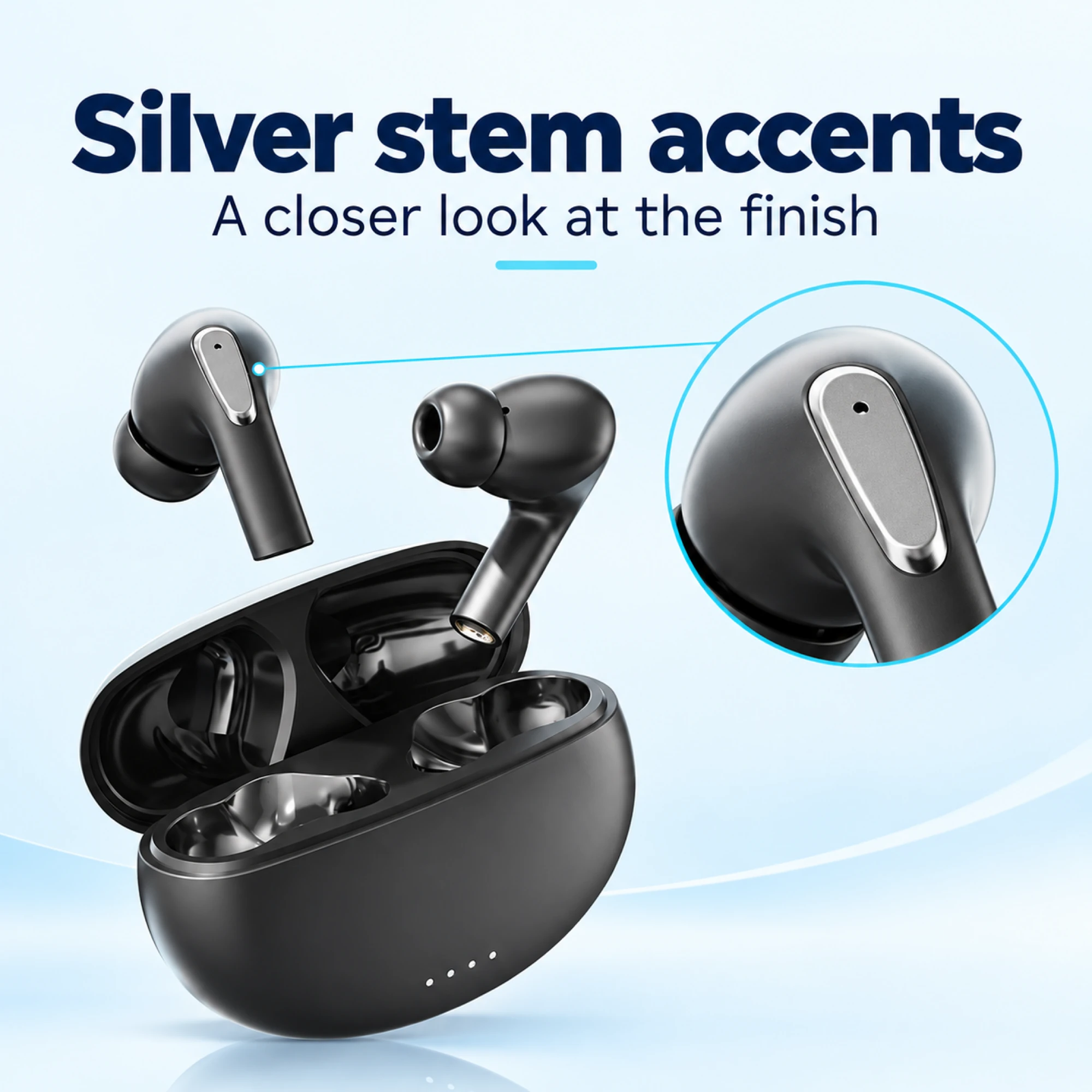 Black Silver-Accent Wireless Earbuds — surface detail