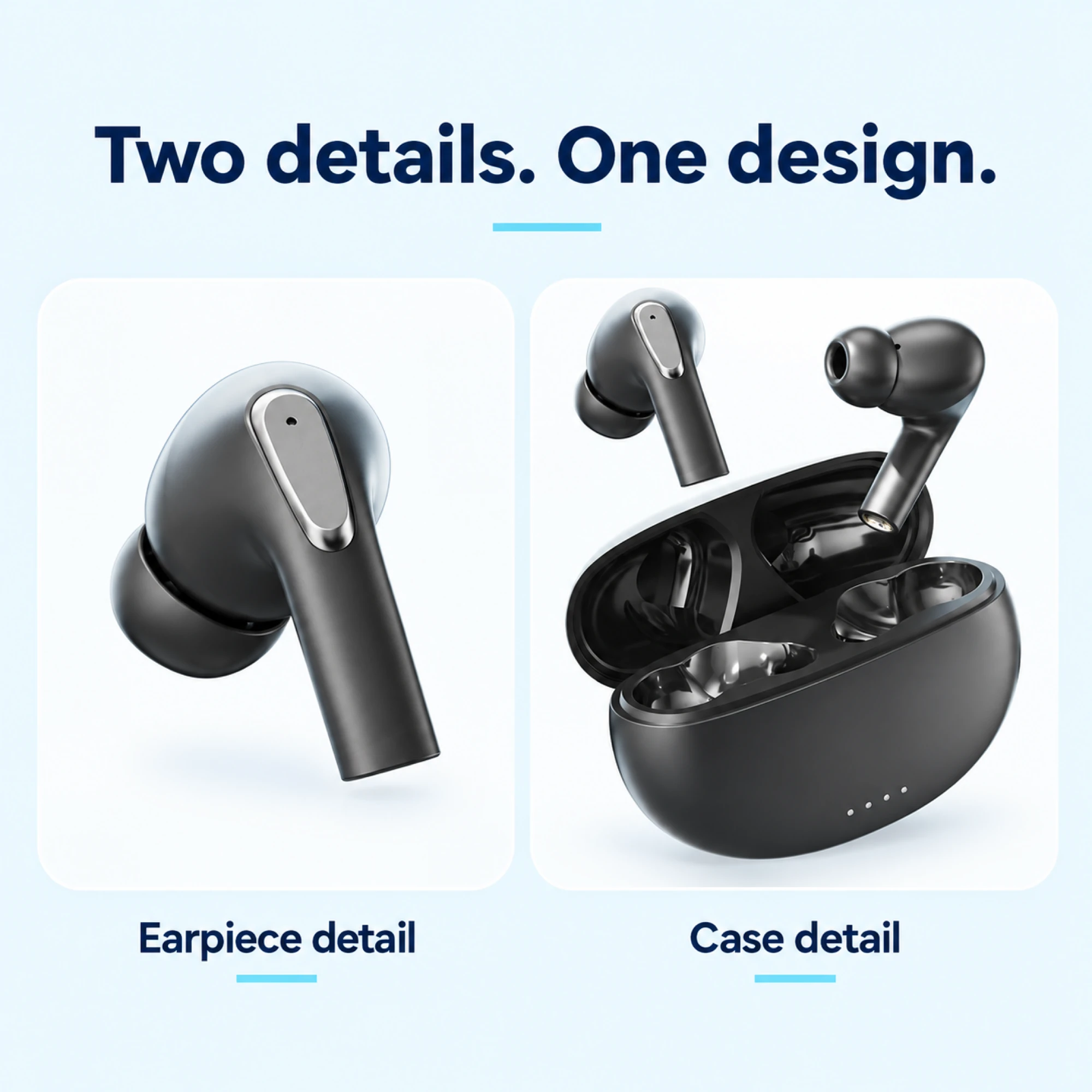 Black Silver-Accent Wireless Earbuds — design details
