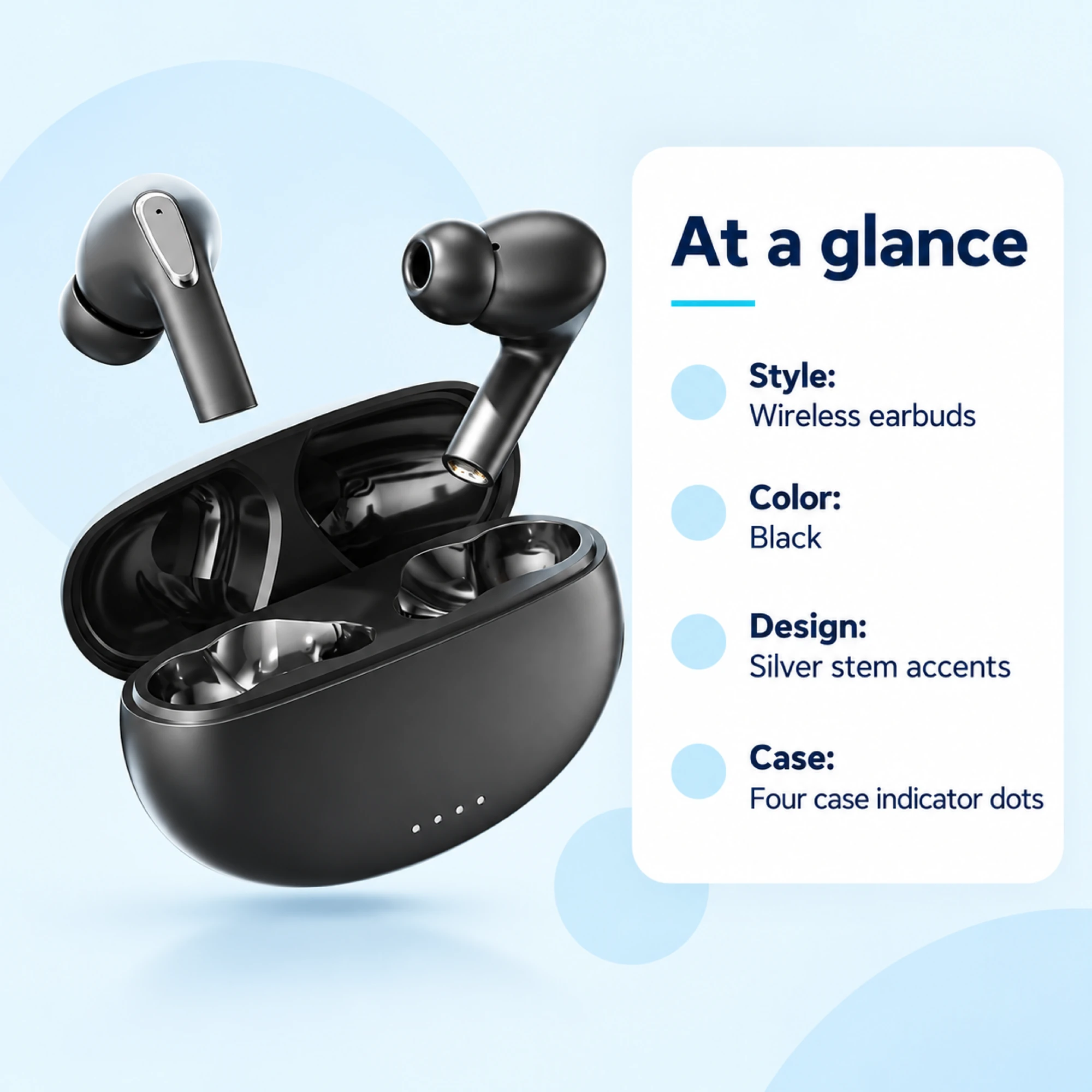 Black Silver-Accent Wireless Earbuds — at a glance