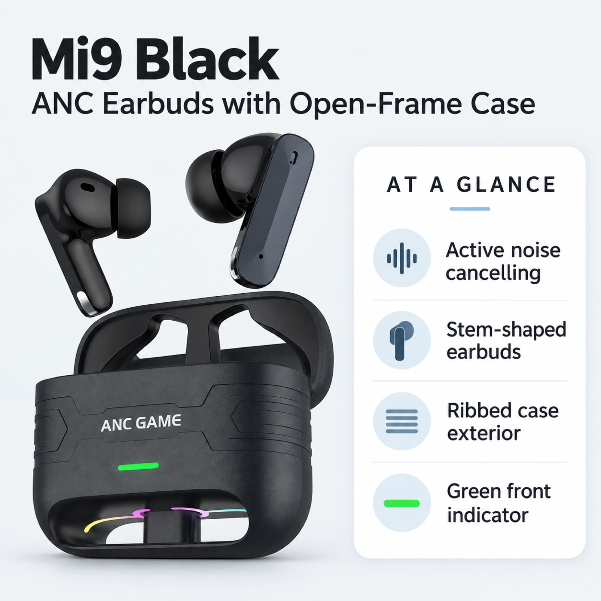 Mi9 Black ANC Earbuds with Open-Frame Case — at a glance