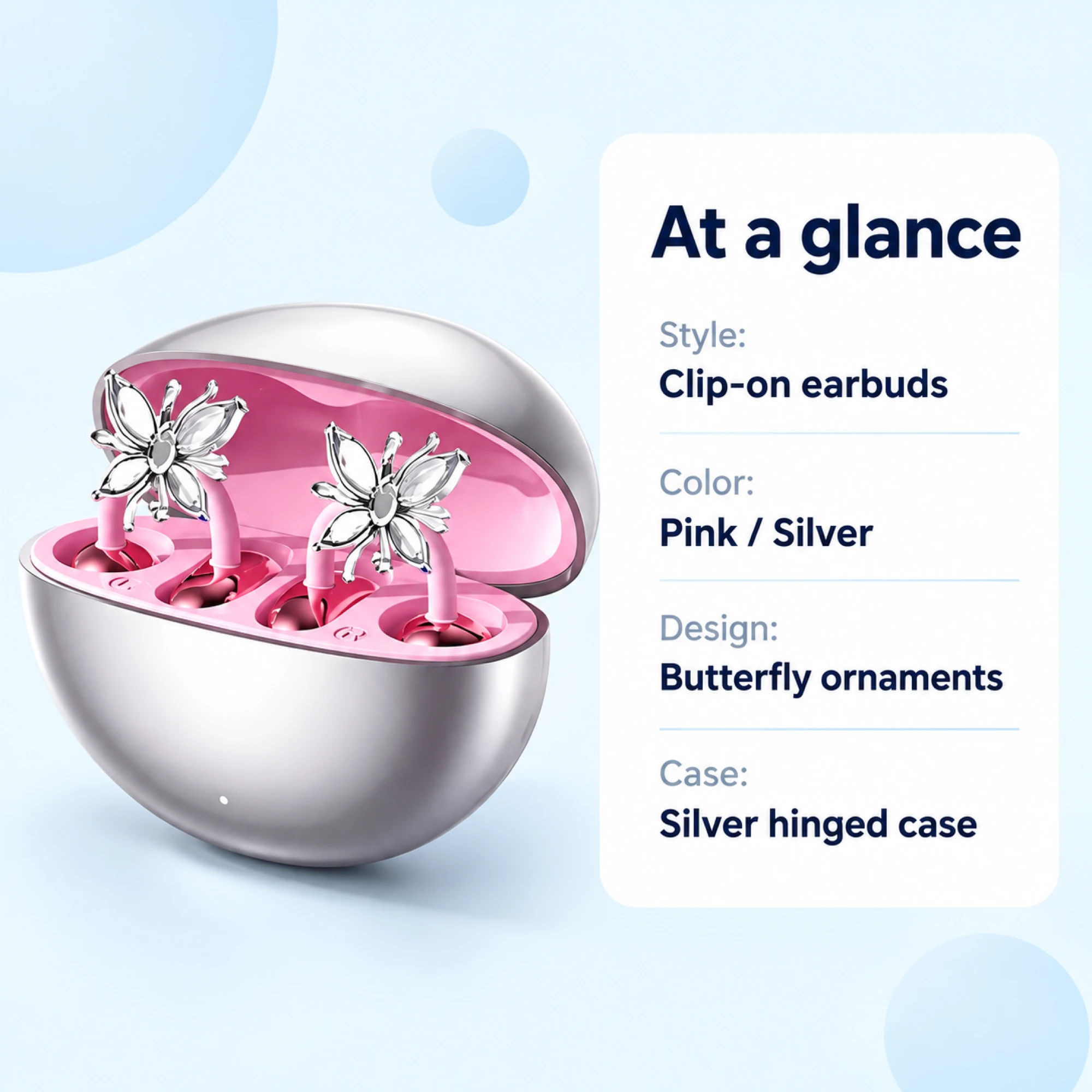 Pink Butterfly Clip-On Earbuds — at a glance