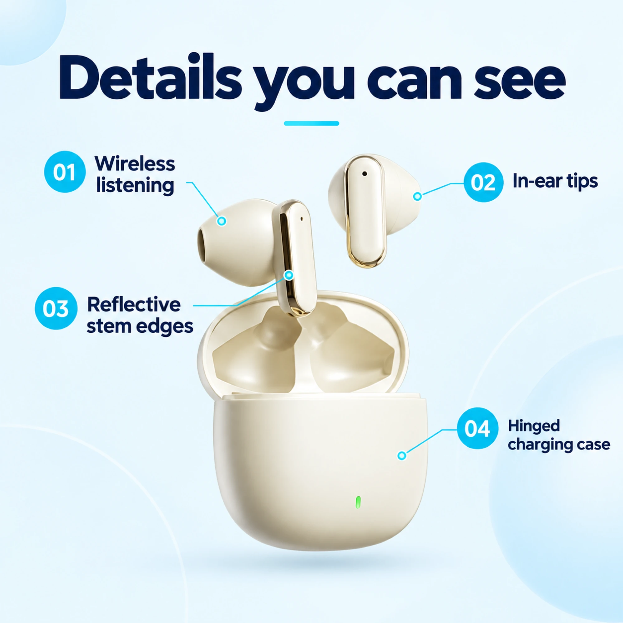 Cream Reflective-Stem Wireless Earbuds — features