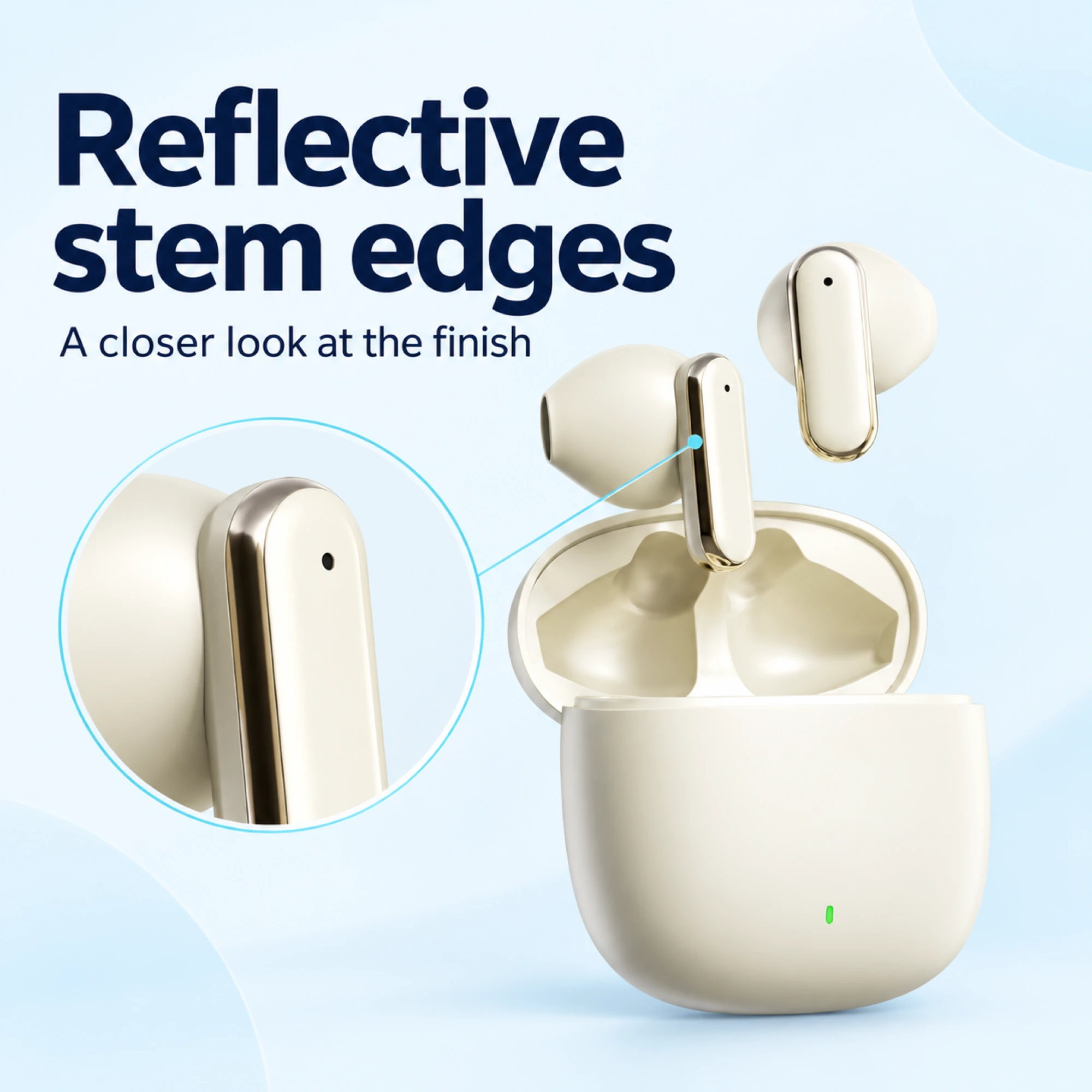 Cream Reflective-Stem Wireless Earbuds — surface detail