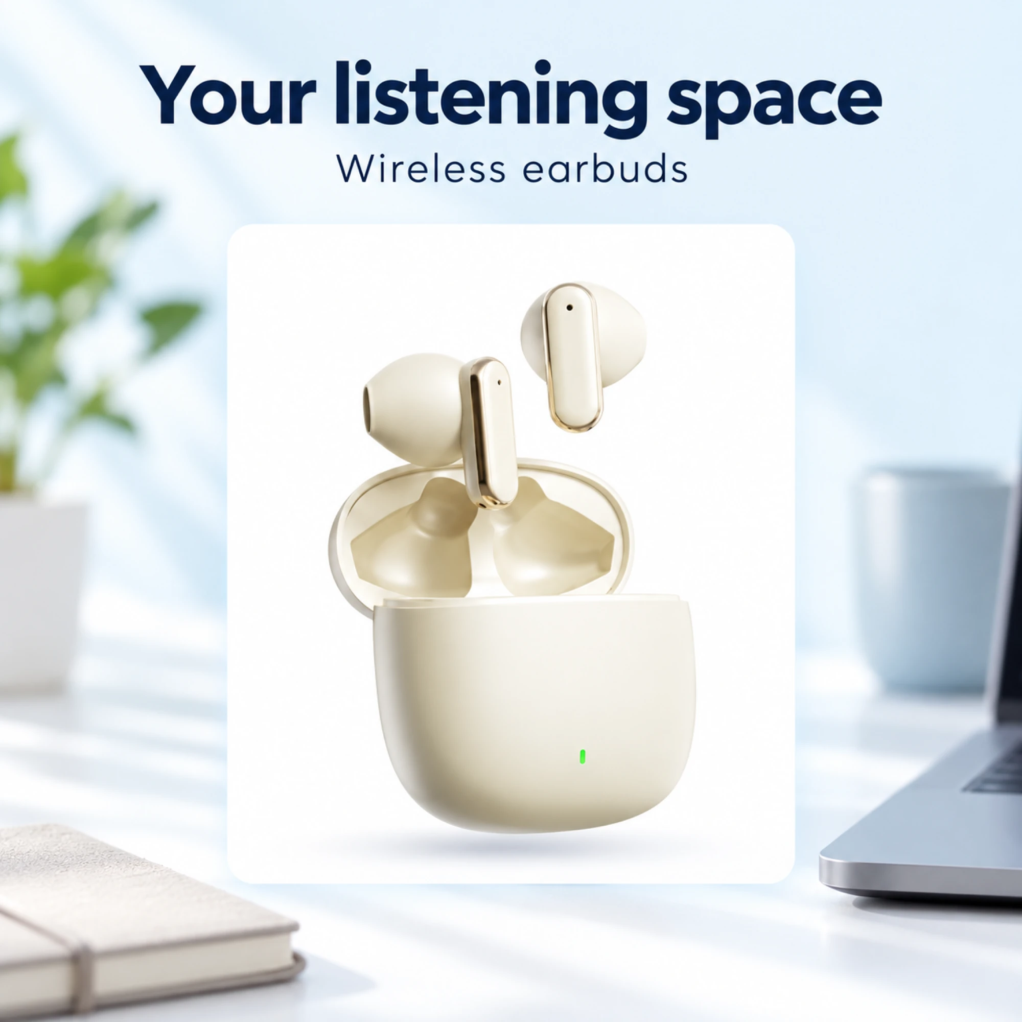 Cream Reflective-Stem Wireless Earbuds — lifestyle