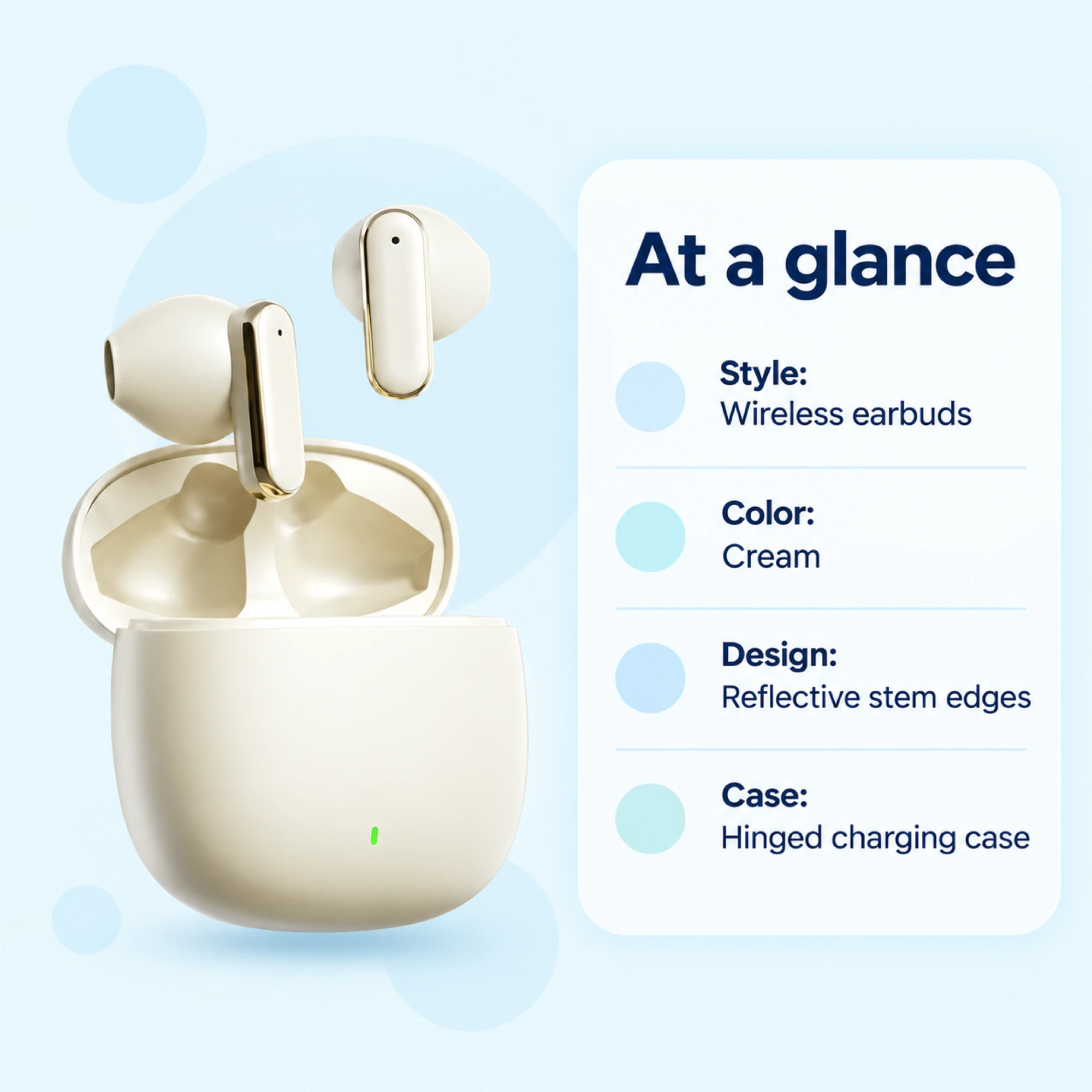 Cream Reflective-Stem Wireless Earbuds — at a glance