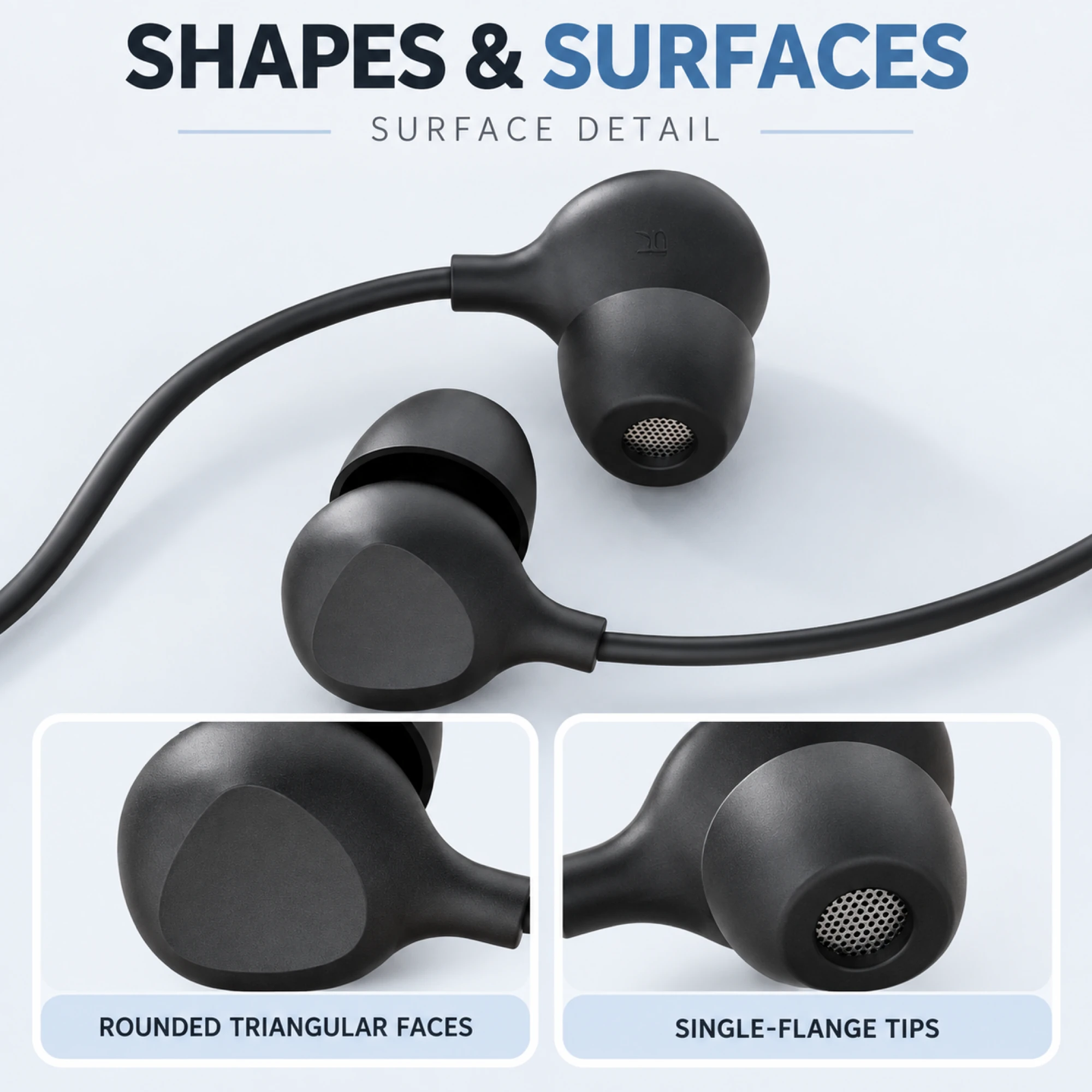 S10 Black Wired Sleep Earbuds with Triangular Faces — surface detail
