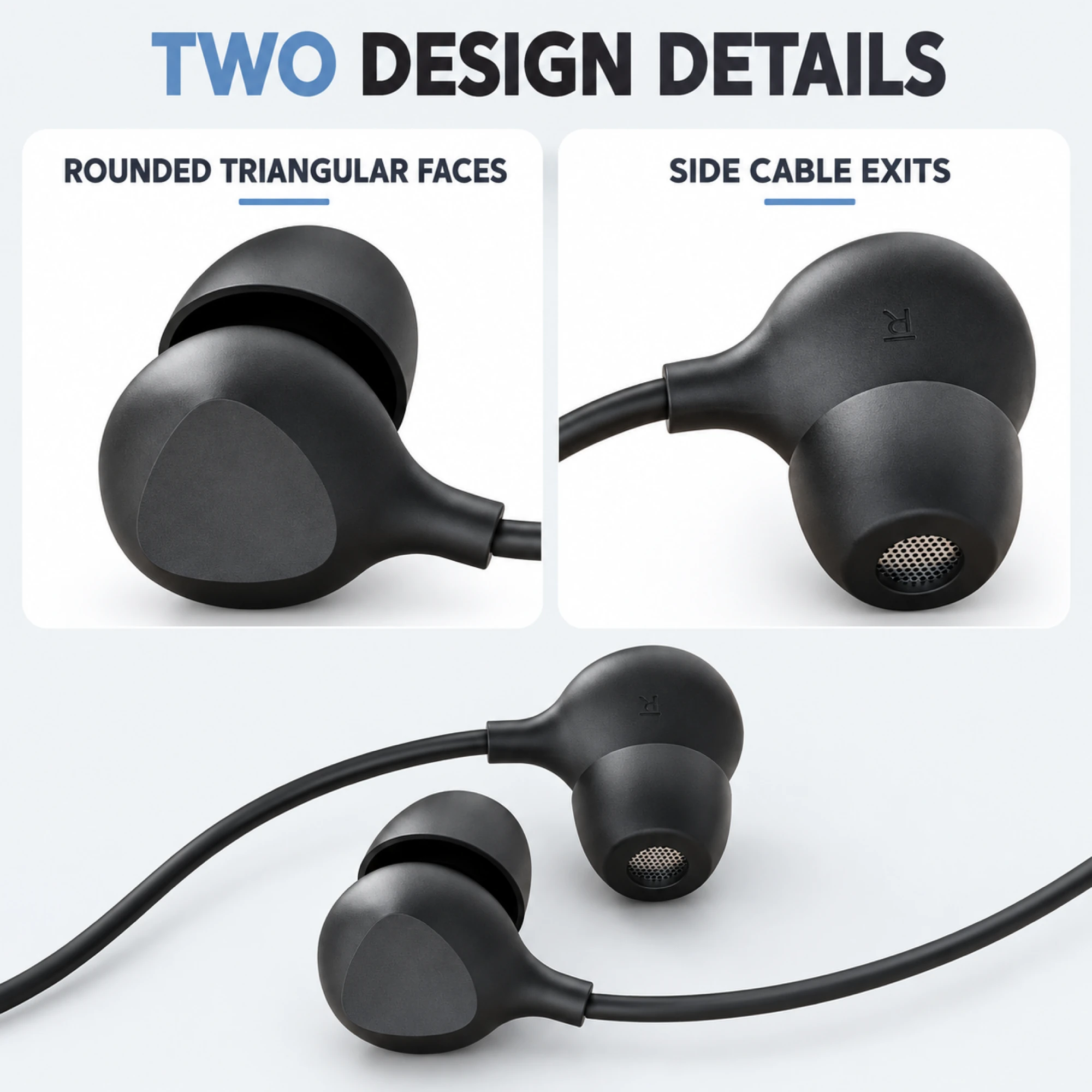 S10 Black Wired Sleep Earbuds with Triangular Faces — design details