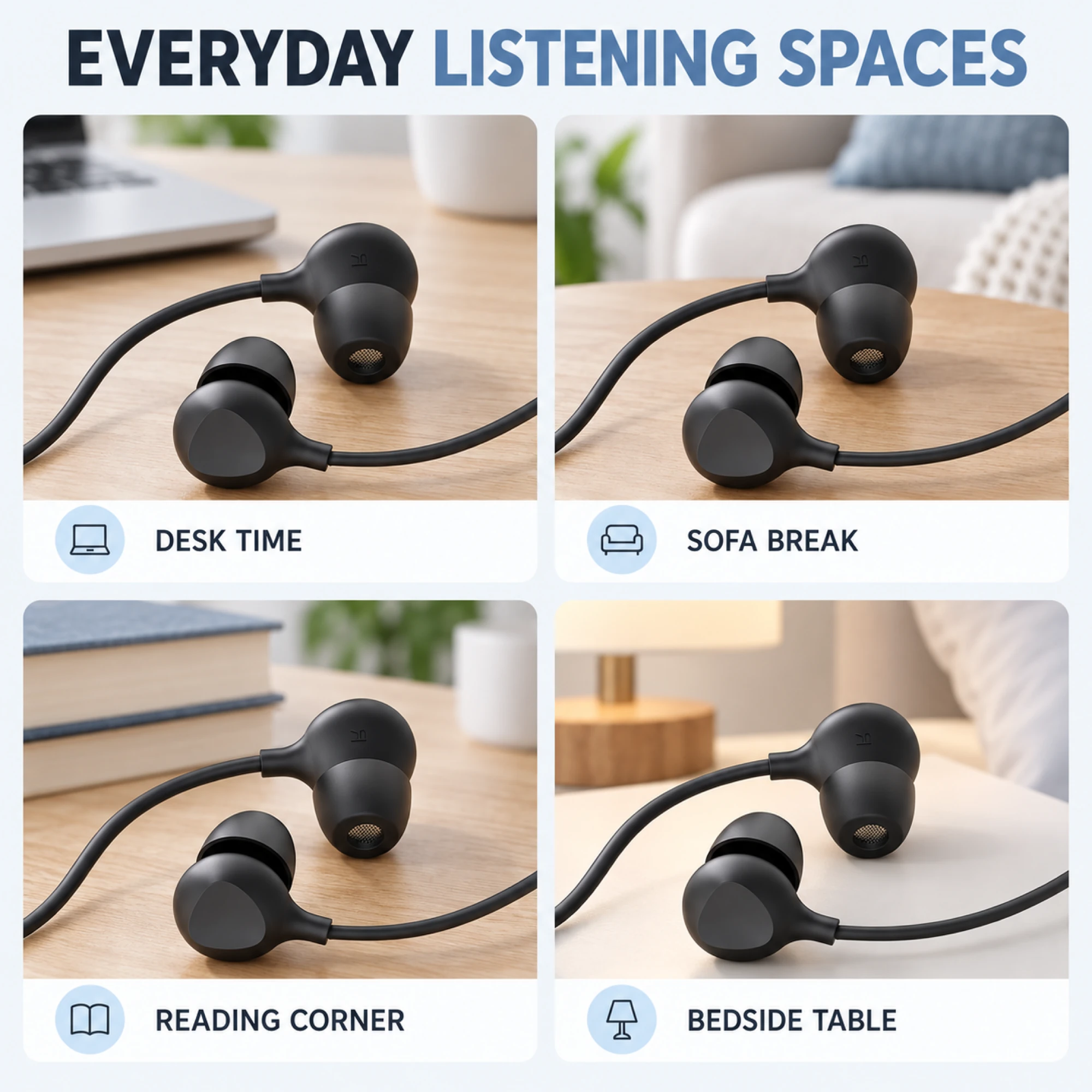 S10 Black Wired Sleep Earbuds with Triangular Faces — lifestyle
