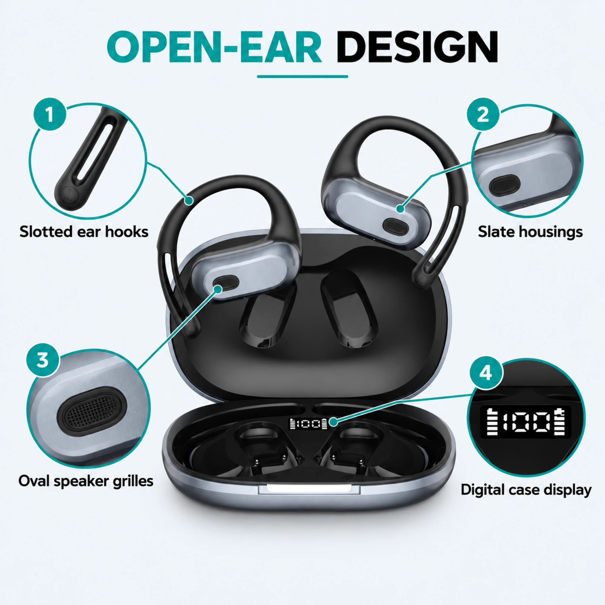 Slate Slotted-Hook Open-Ear Earbuds — alternate view