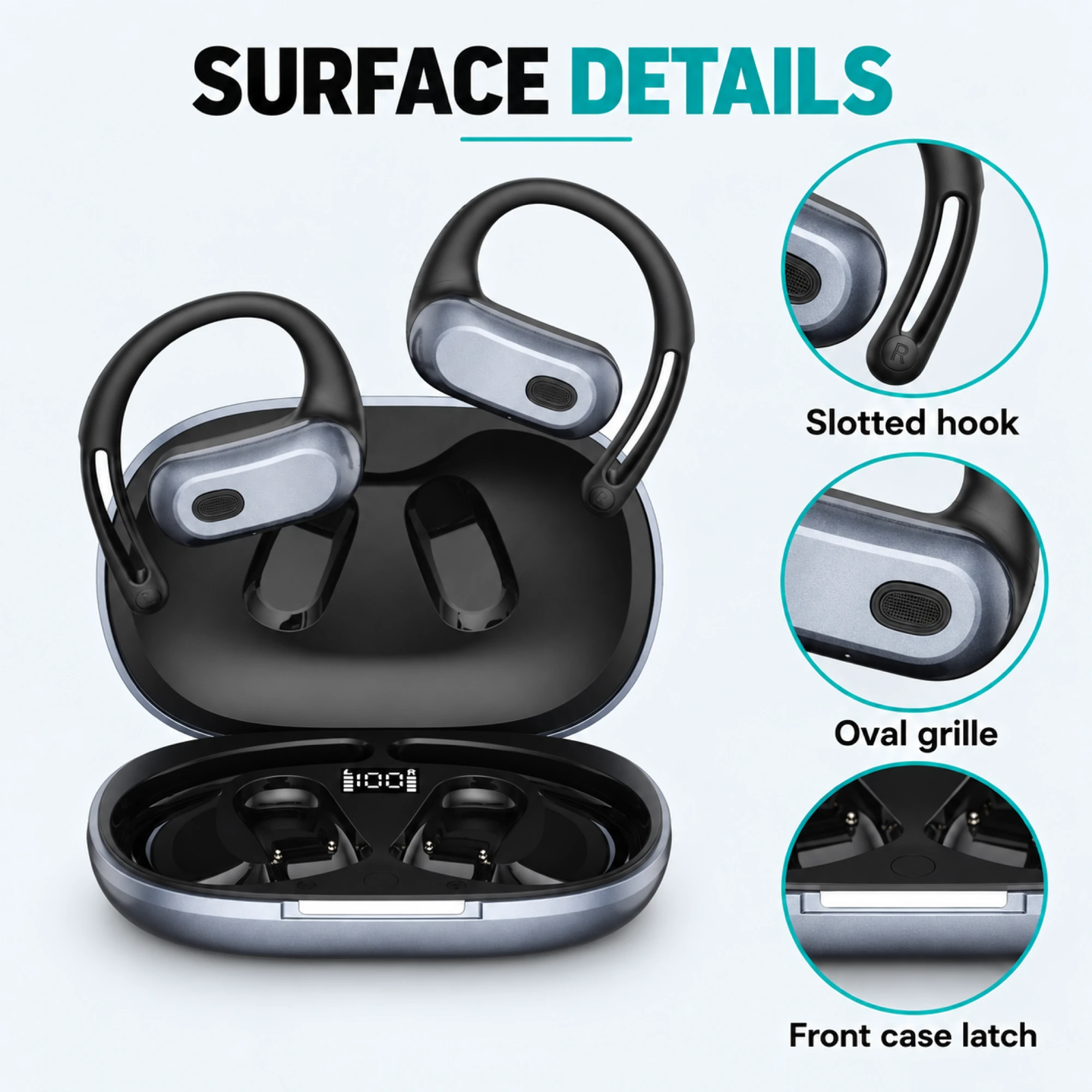 Slate Slotted-Hook Open-Ear Earbuds — surface detail