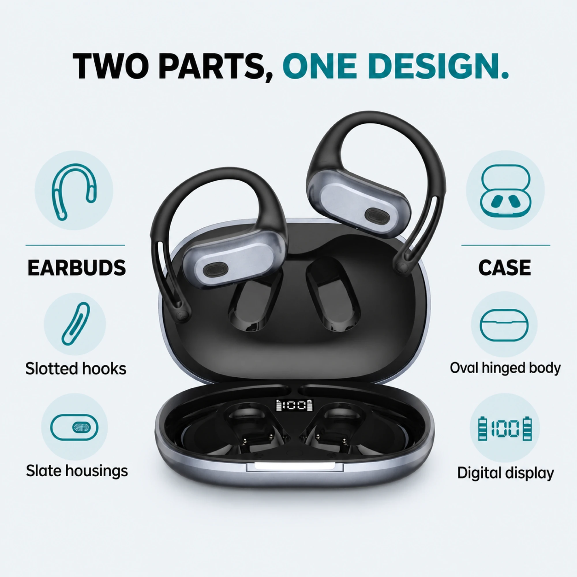 Slate Slotted-Hook Open-Ear Earbuds — design details