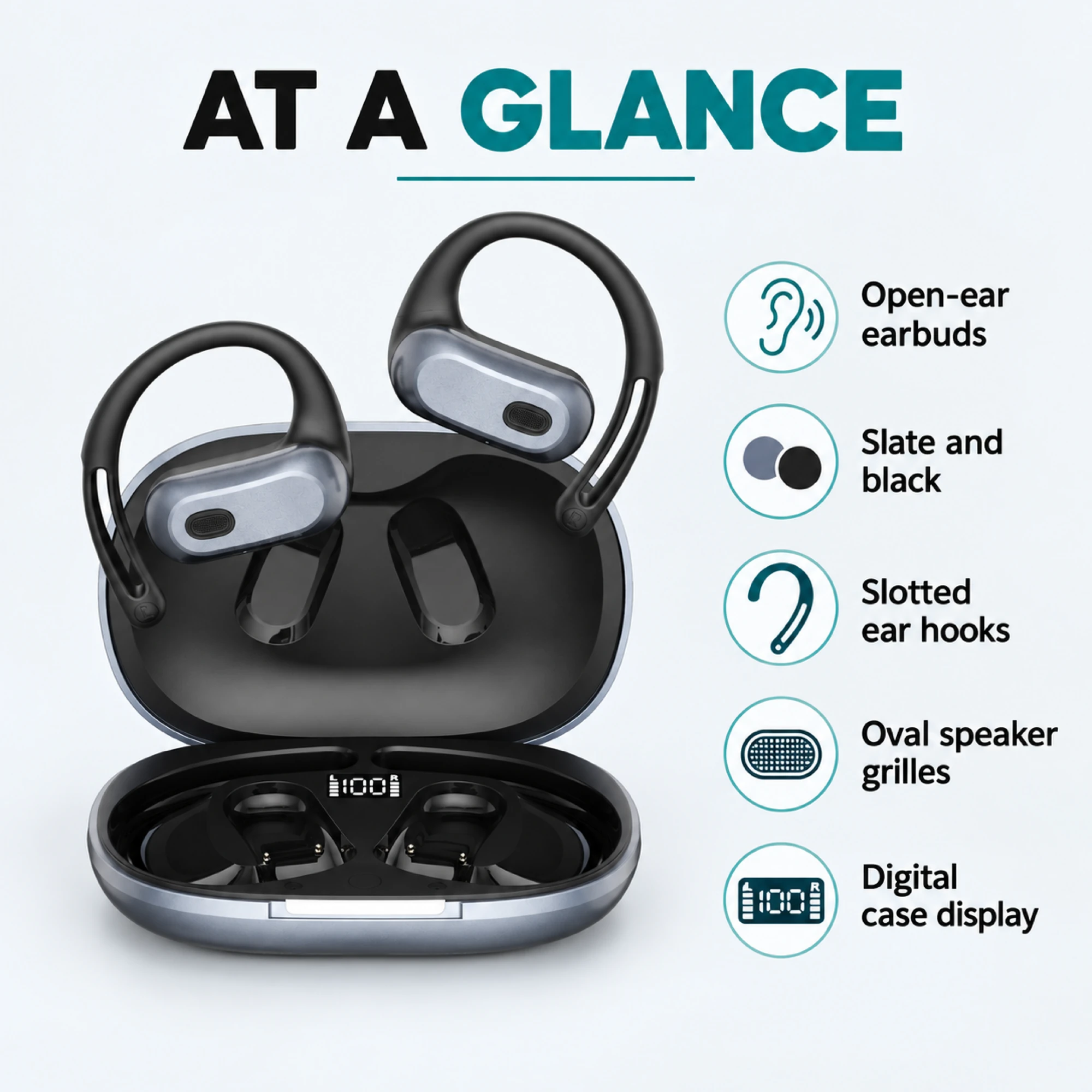 Slate Slotted-Hook Open-Ear Earbuds — at a glance