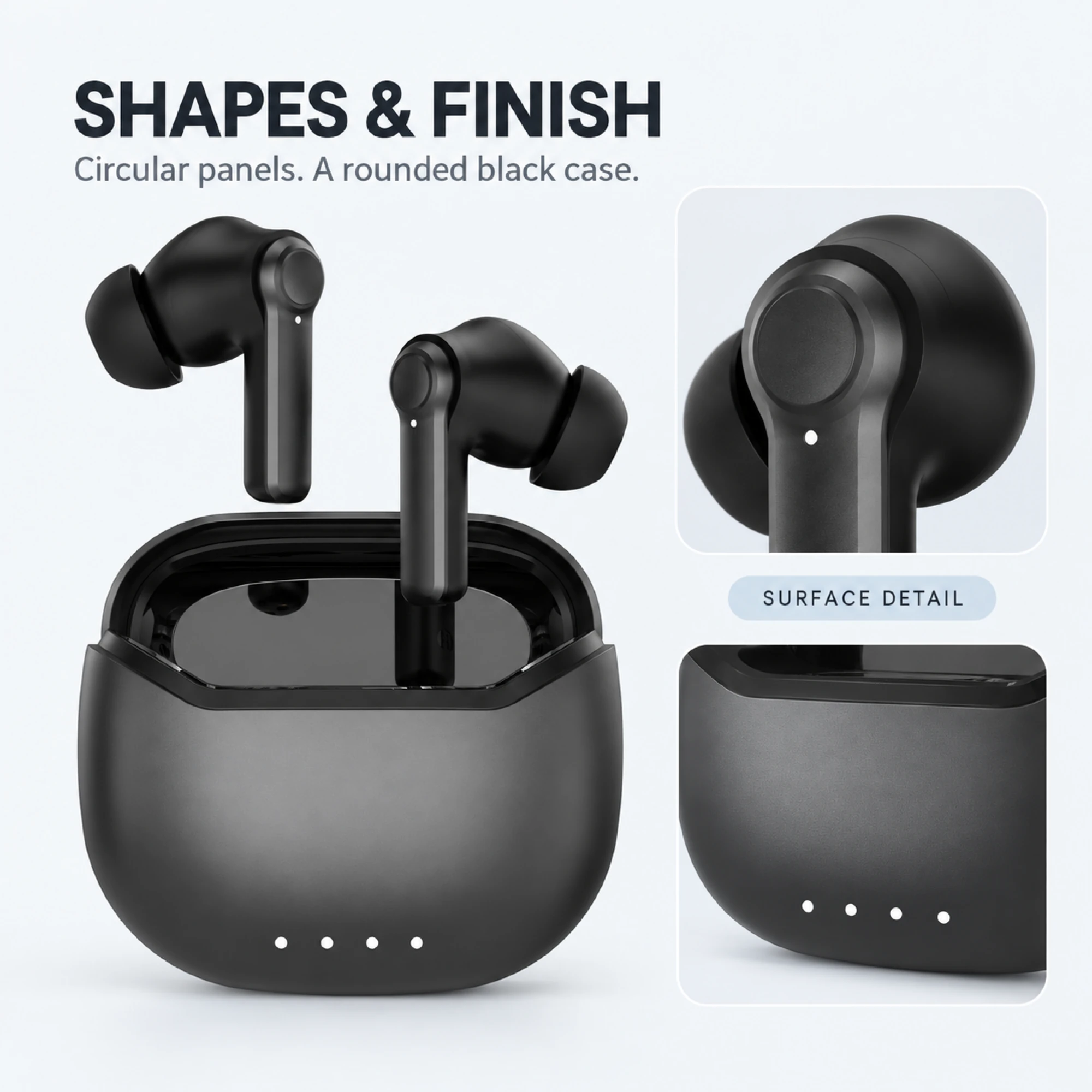 Black ANC Earbuds with Four-Indicator Case — surface detail