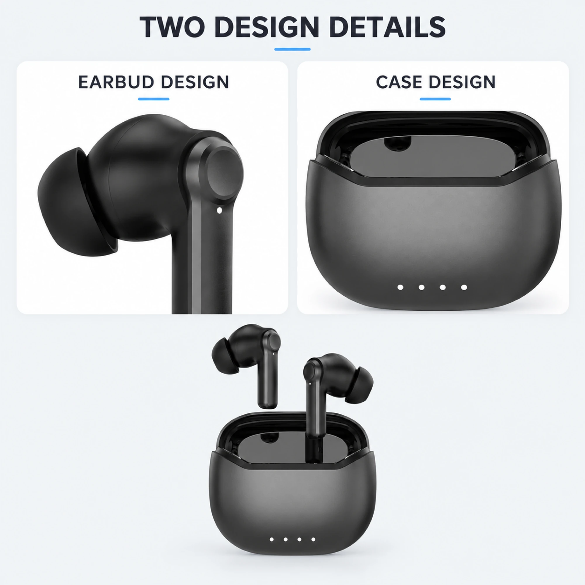 Black ANC Earbuds with Four-Indicator Case — design details