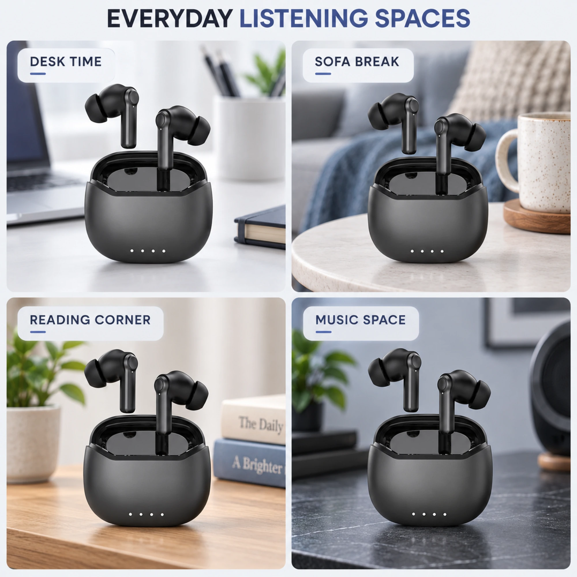 Black ANC Earbuds with Four-Indicator Case — lifestyle