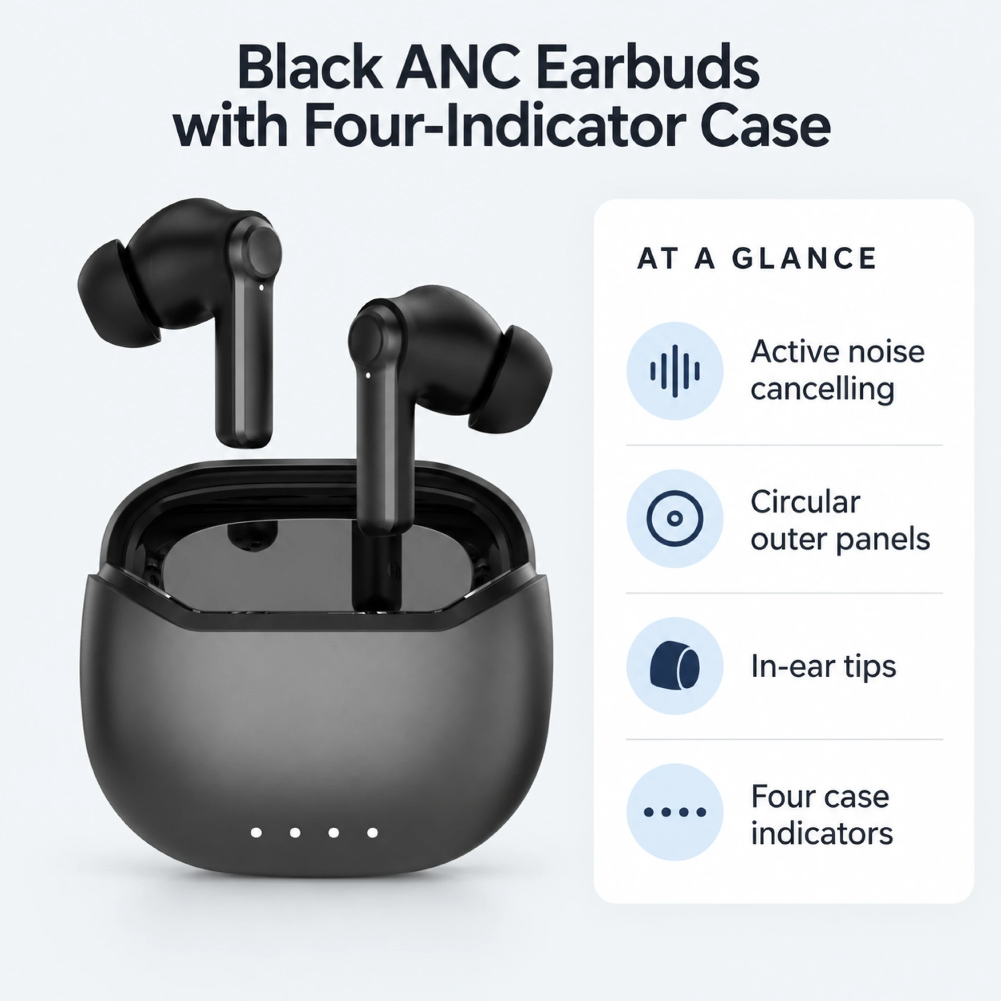 Black ANC Earbuds with Four-Indicator Case — at a glance